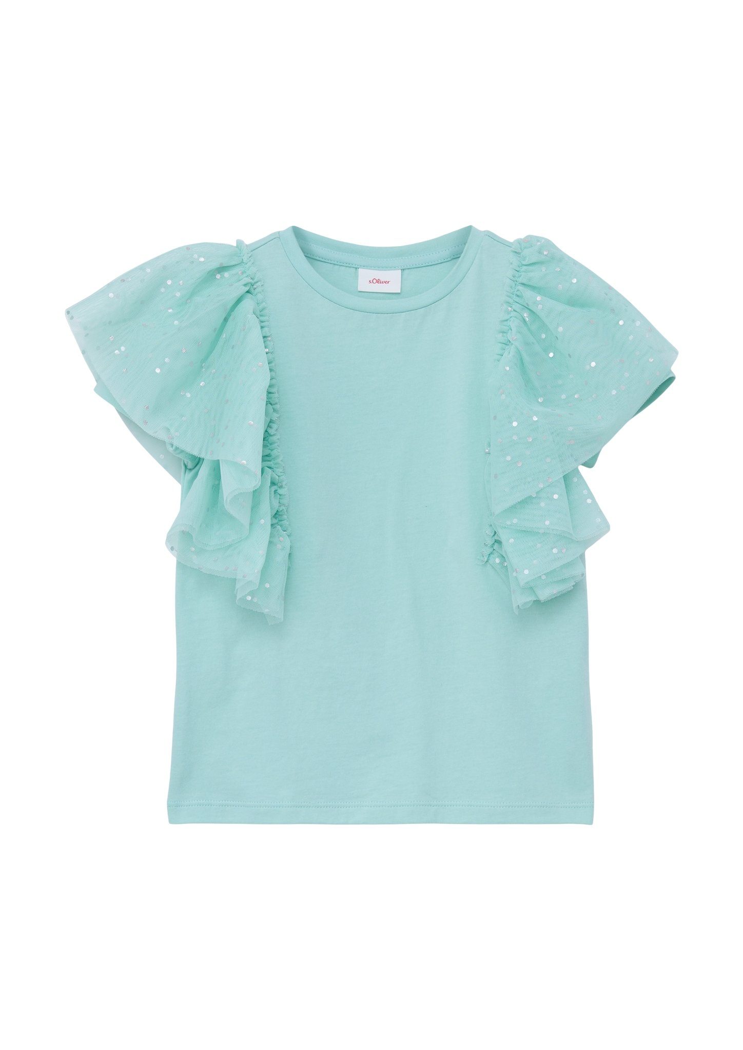 S.Oliver T-shirt met ruches turquoise Blauw Meisjes Katoen Ronde hals Effen 104 110