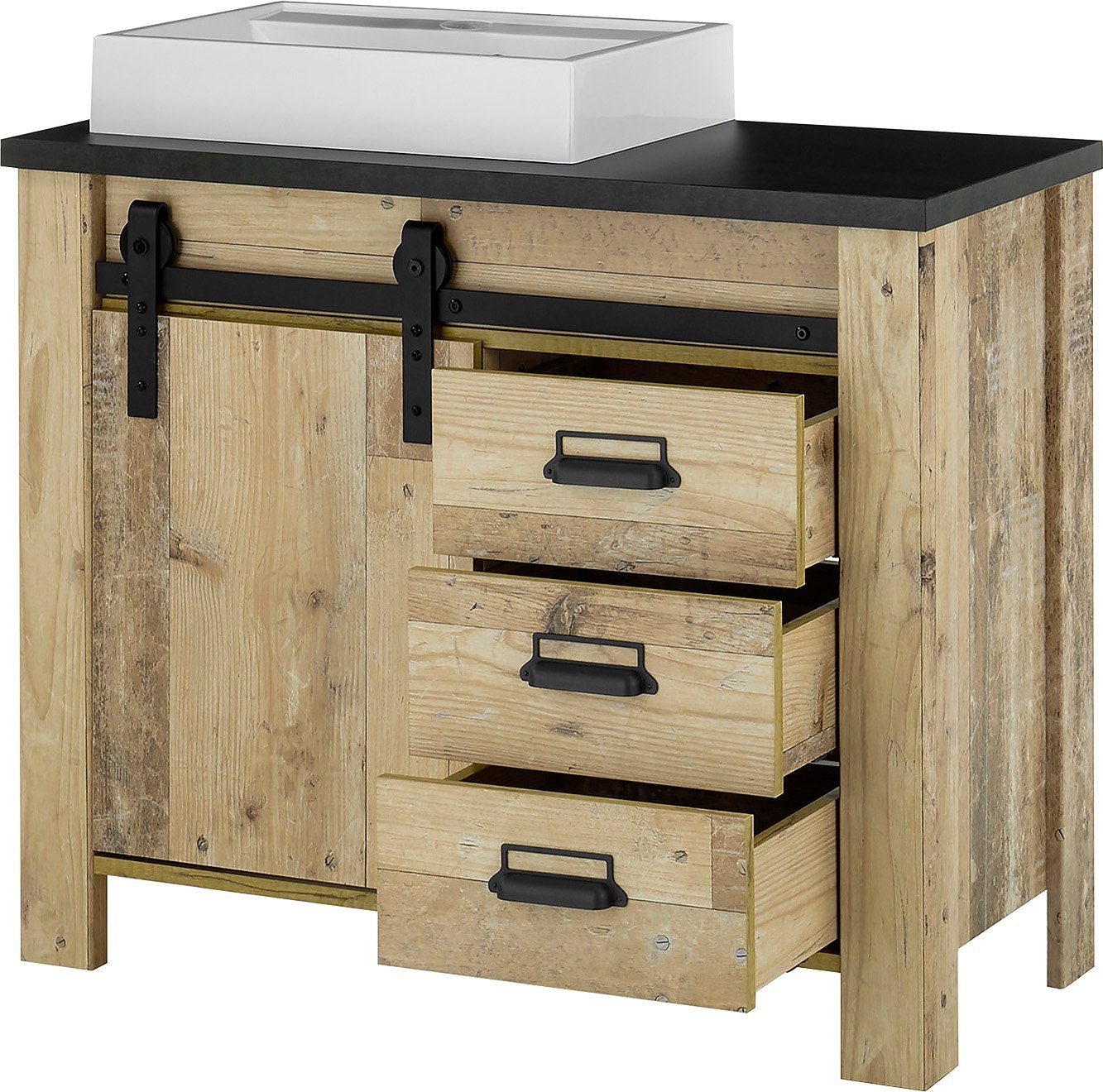 Home affaire Wastafelonderkast Sherwood Hout, schuurdeurbeslag en apothekersgrepen van metaal, hoogte 91 cm (1 stuk)