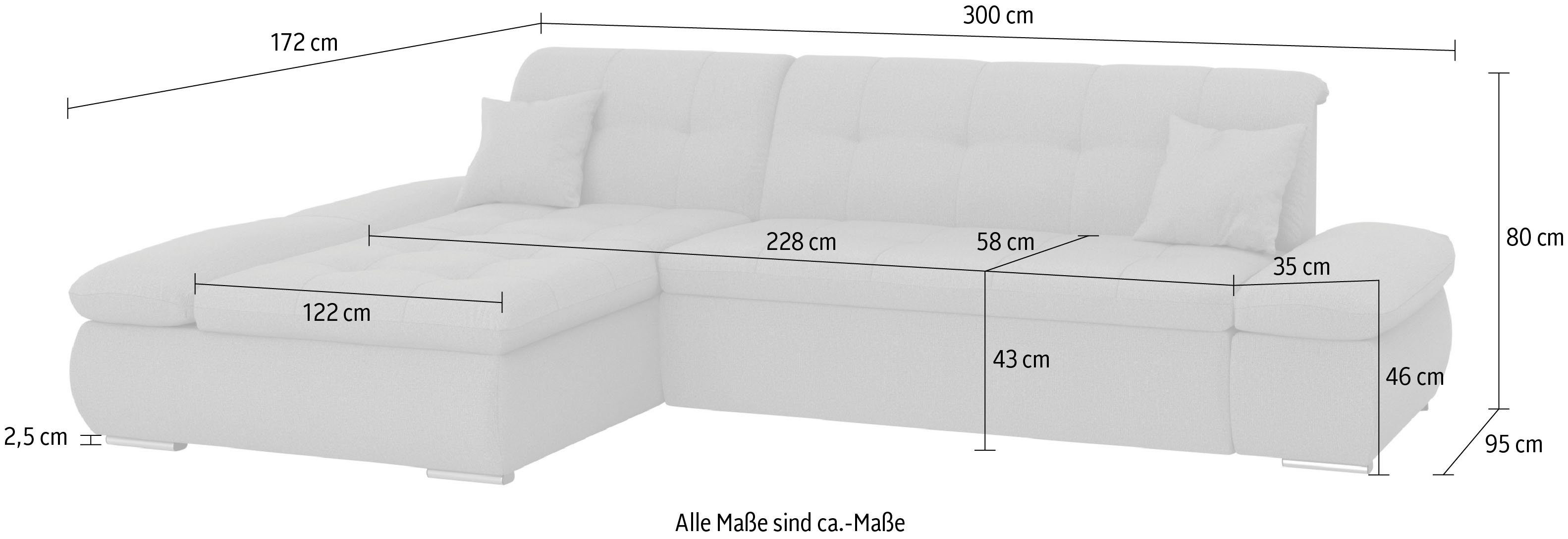 DOMO collection Hoekbank Moric bxdxh 300x172x80 cm, ook in cord, L-model XXL-formaat, optioneel ook met slaapbank functie en verstelling armleuning,