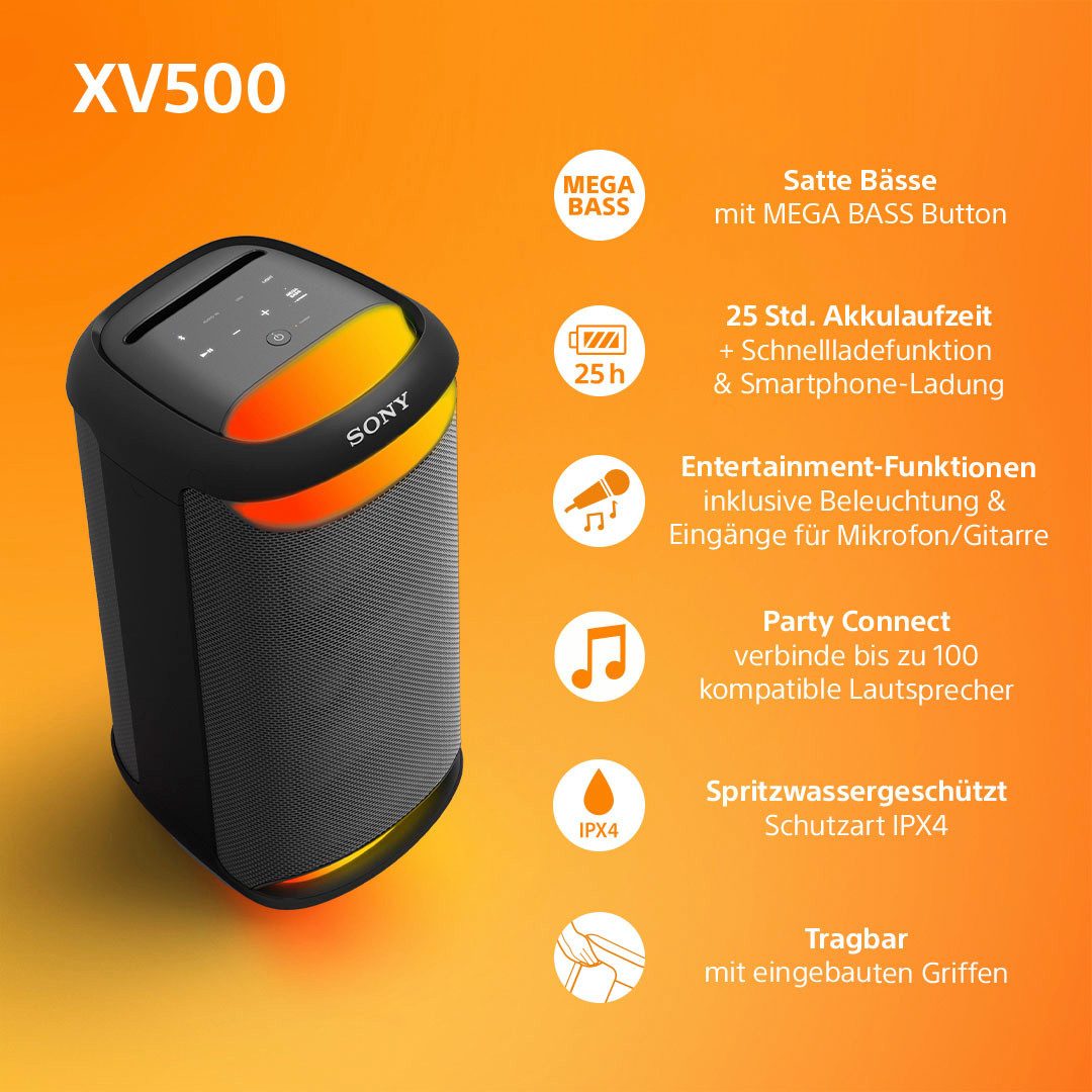 Sony Party-luidspreker SRS-XV500 25 uur batterij, draagbaar, voor binnen + buiten, ipx4-classificatie