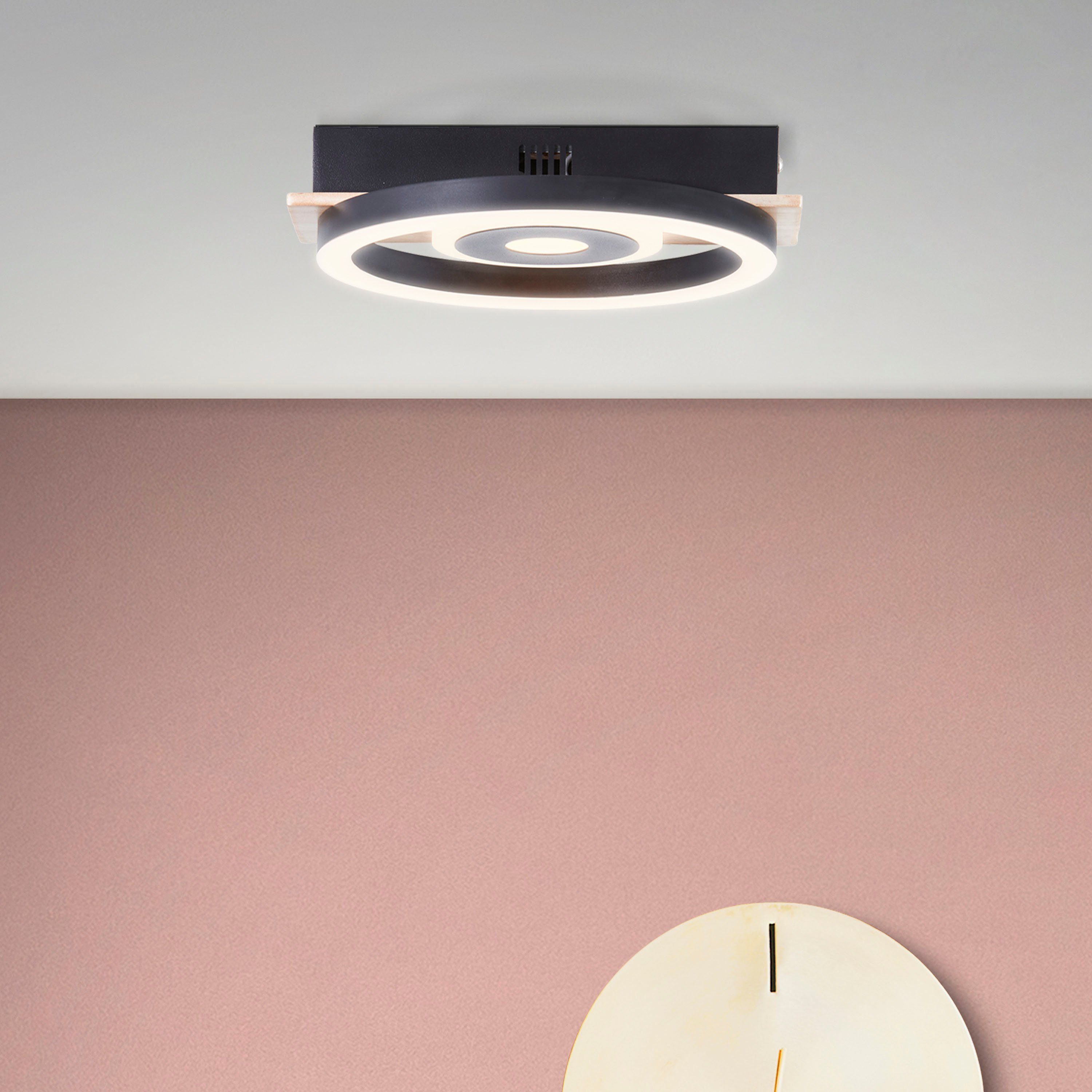 my home Led-plafondlamp Lysann plafondlamp 22 x 20 cm, 12 w, 1100 lm, 3000 k, hout/metaal, bruin/zwart (1 stuk)