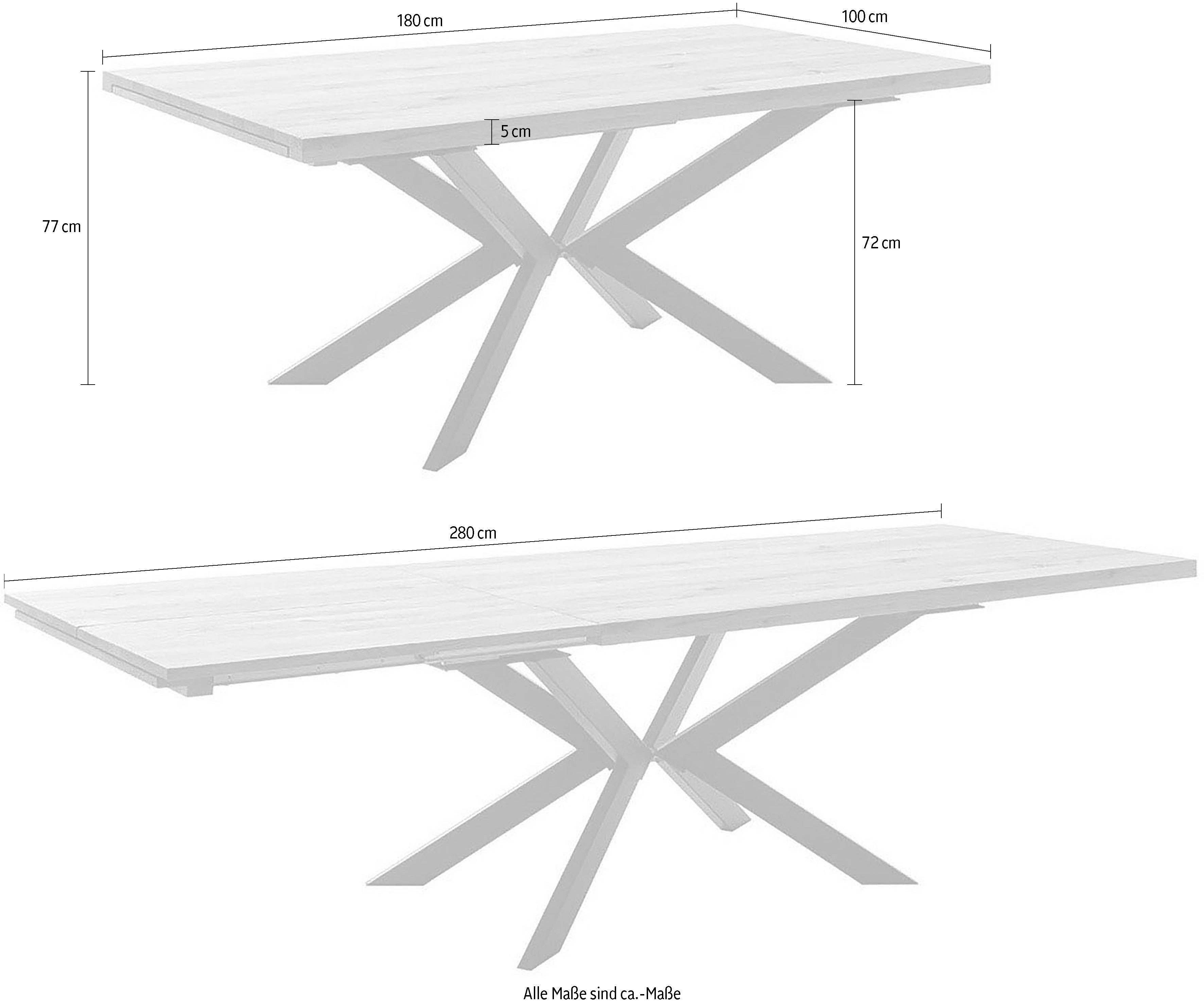MCA furniture Eettafel BARLETTA uitschuifbare tafel 180-280 cm massief, doorlopende lamel, verdubbeld, metaal, tafelblad 5,0 cm