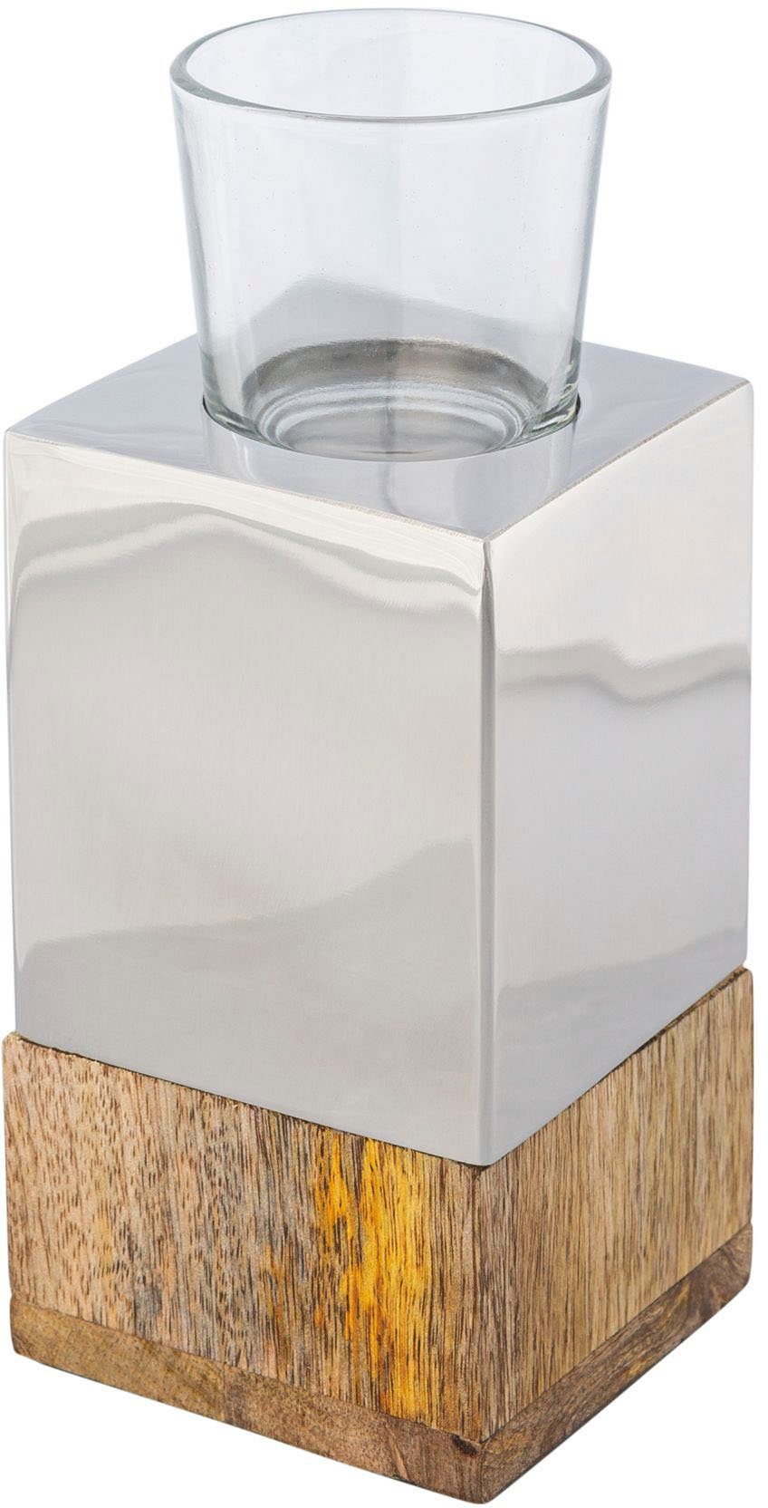 Creativ home Waxinelichthouder Kandelaar Tower uit hout, roestvrij staal en glas (set, 2 stuks)
