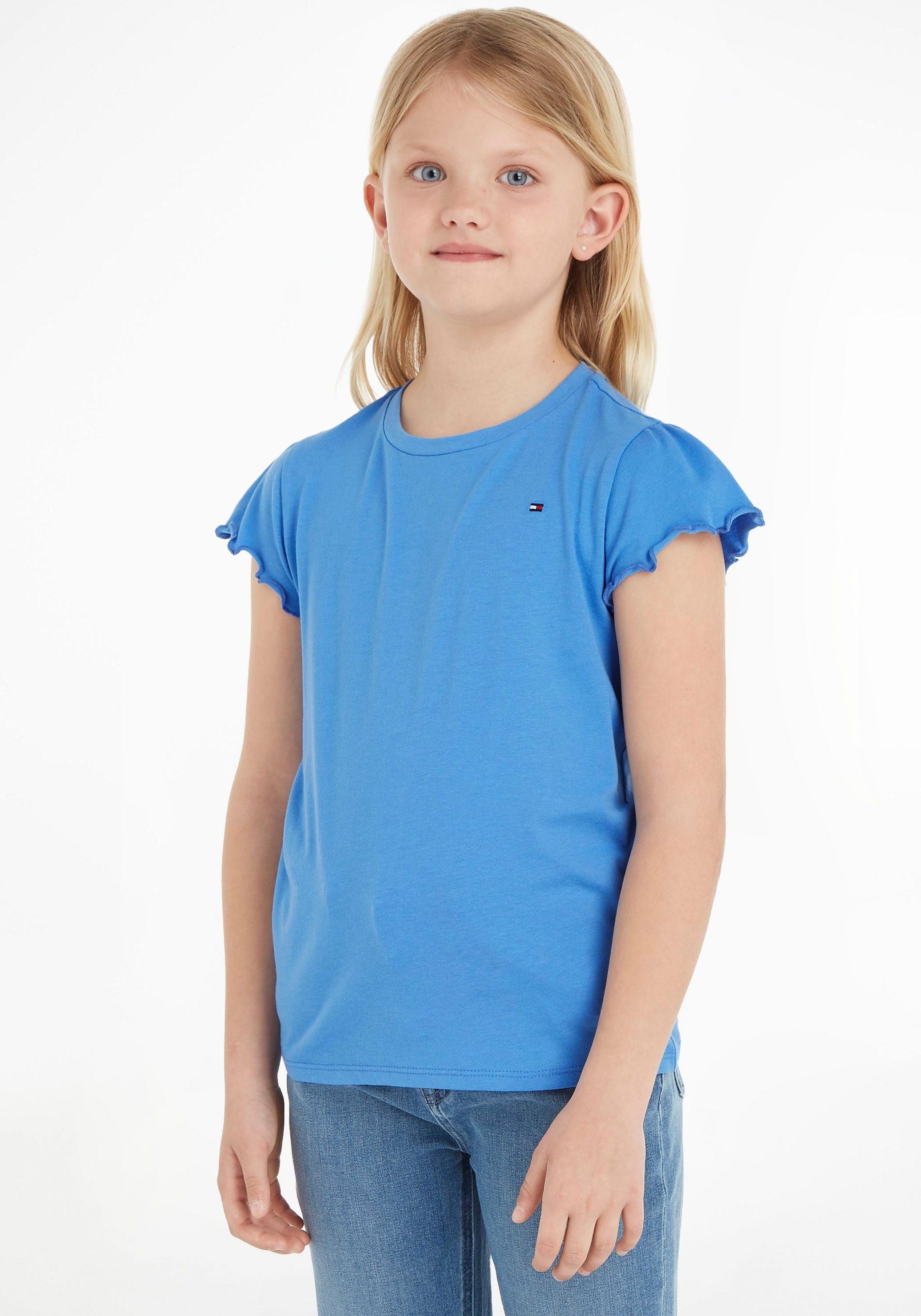 Tommy Hilfiger T-shirt ESSENTIAL RUFFLE SLEEVE TOP S/S met golfrand, logo-geborduurde details meisjes t-shirts maat 6 (116) blauw
