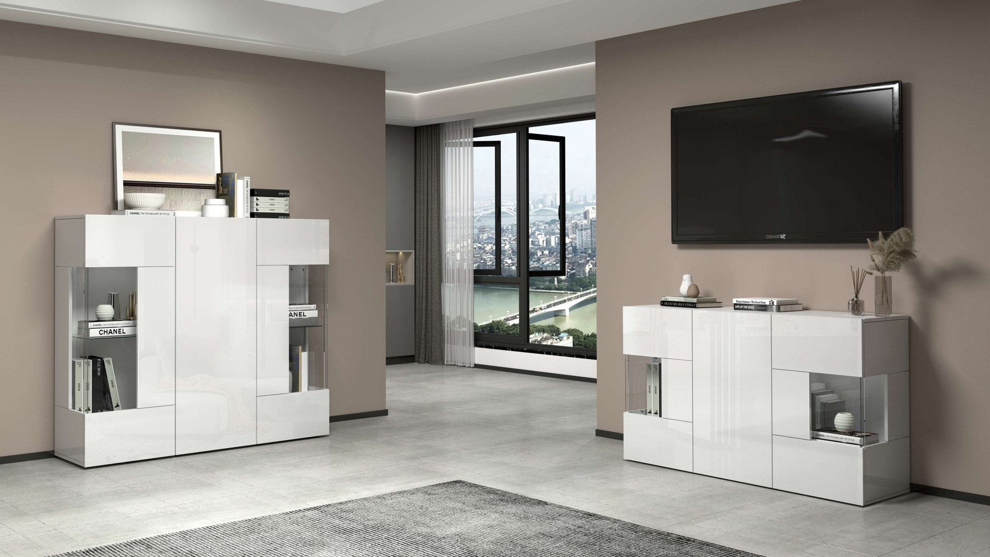 INOSIGN Highboard Egypte, Highboard, Hoge kast, Hoge ladekast, Vitrine met 3 deuren waarvan 2 met glaselement, volledig hoogglans gelakt, breedte 135