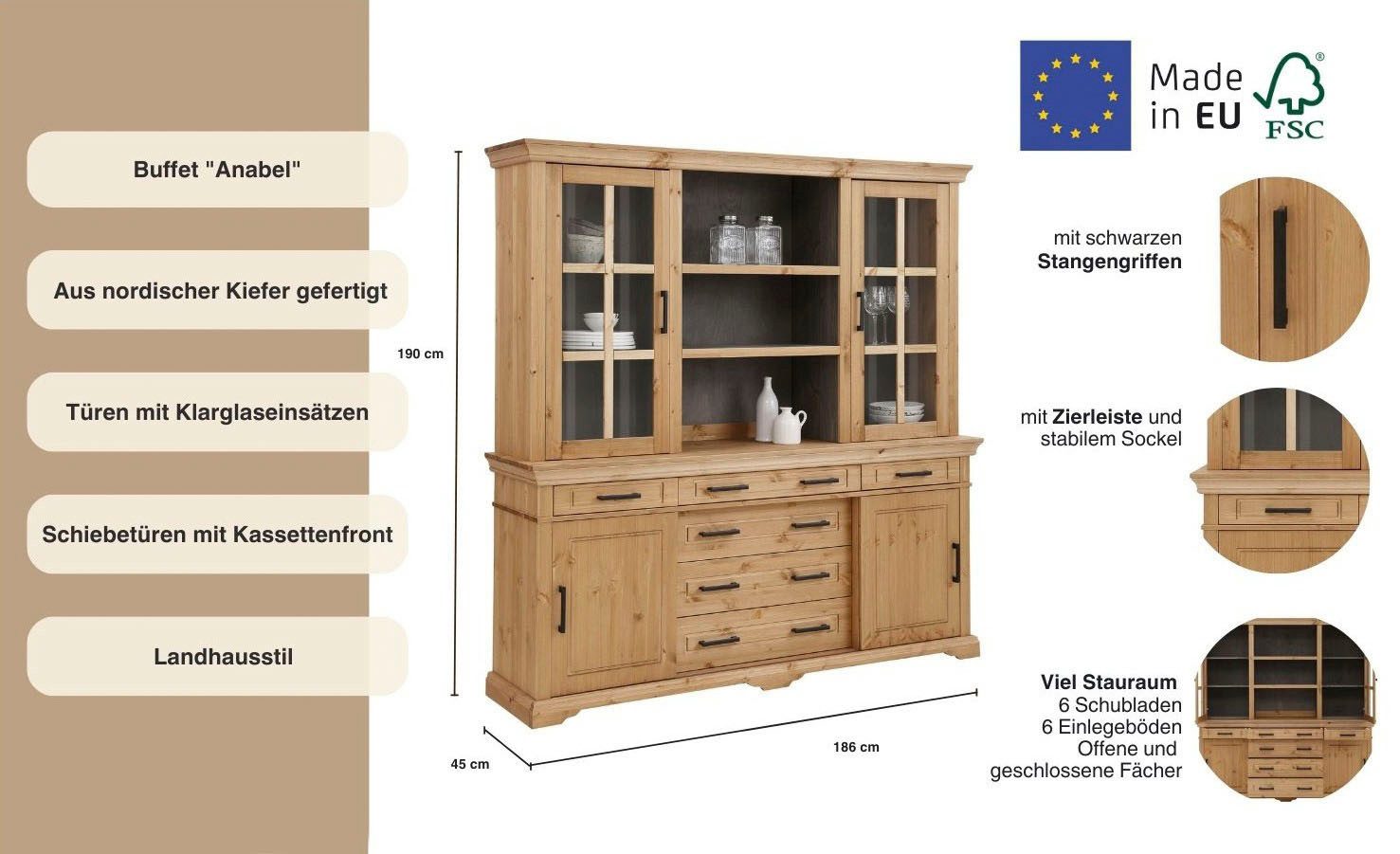Home affaire Buffetkast Anabel, mit Glastüren und Metallgriffen gemaakt van massief grenen, met schuifdeuren, breedte 186 cm