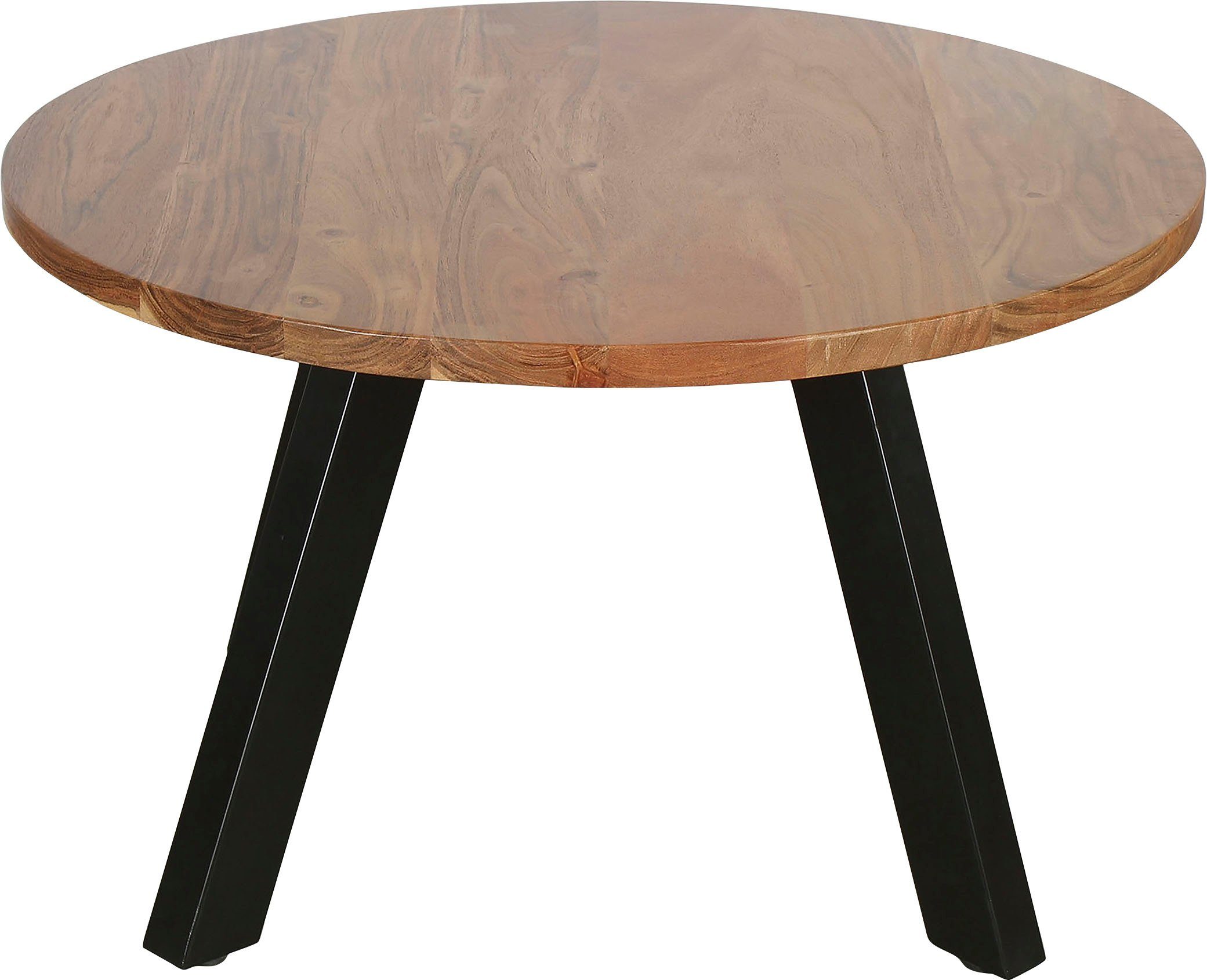 byLIVING Salontafel Ulm met massief acaciahout - plaat en zwarte metalen frame, rond 75 cm.