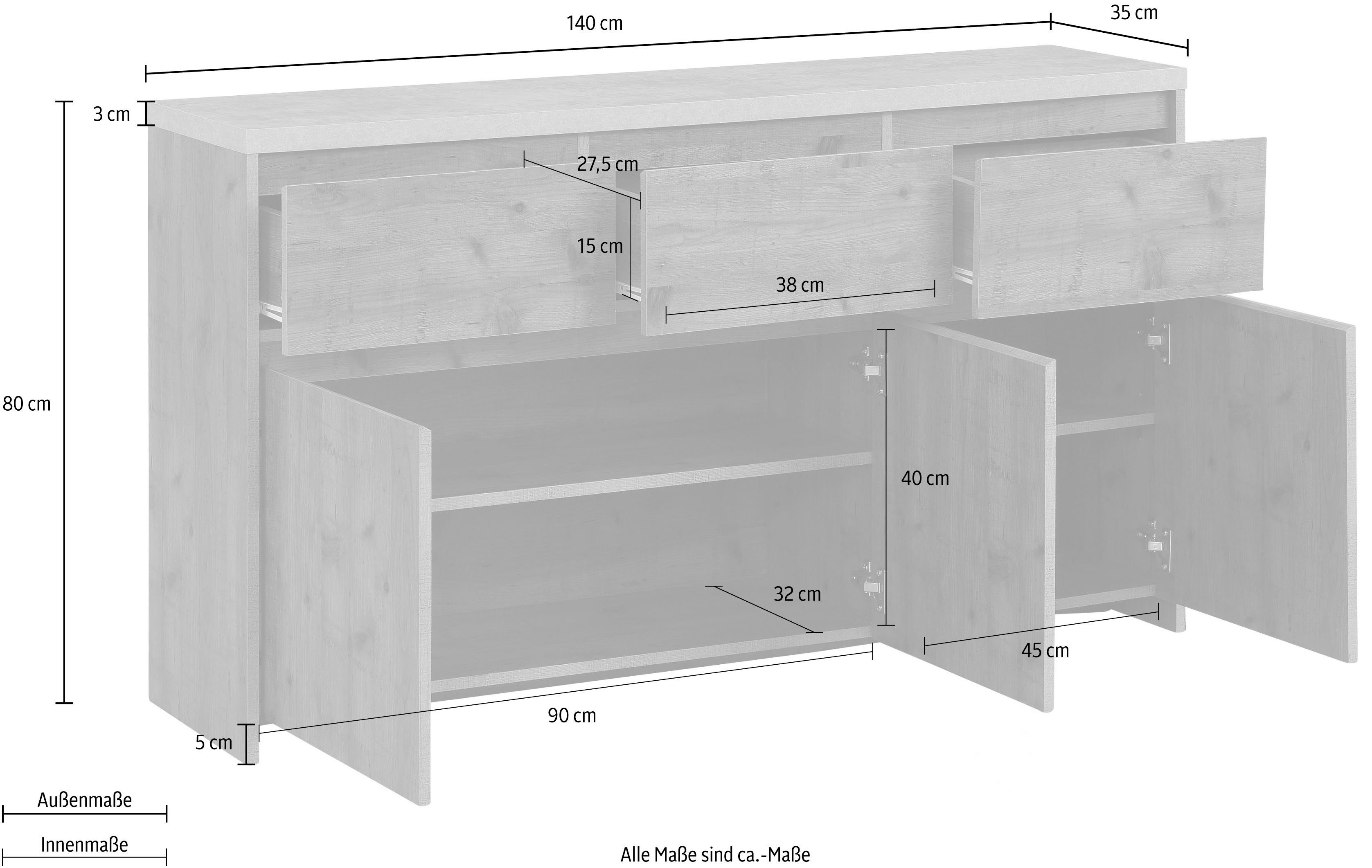 Home affaire Highboard Maribo Commode in moderne landhuisstijl, met betonnen bovenblad, breedte 140 cm