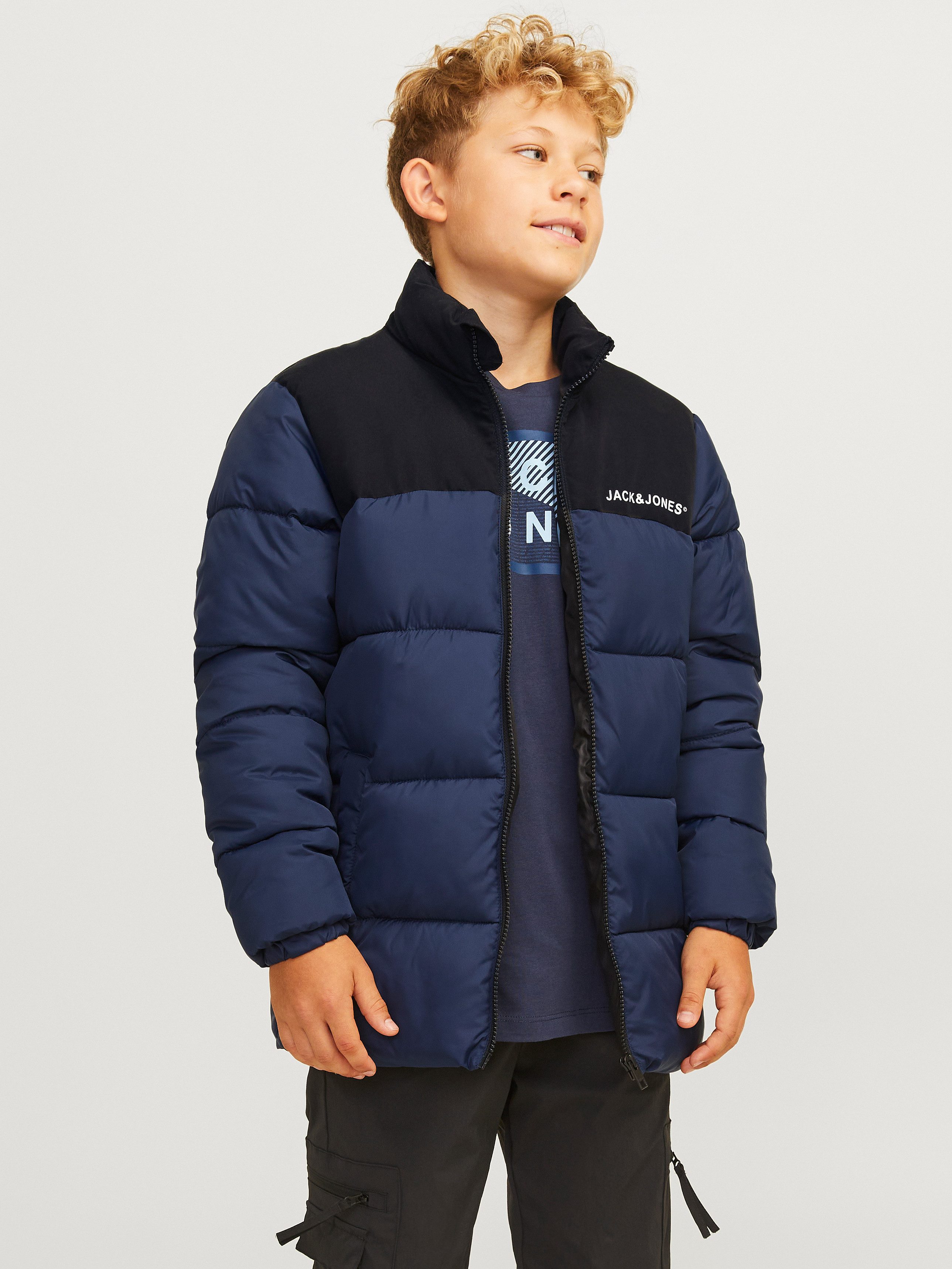 Jack & jones JUNIOR gewatteerde jas donkerblauw zwart Jongens Polyester Opstaande kraag 152