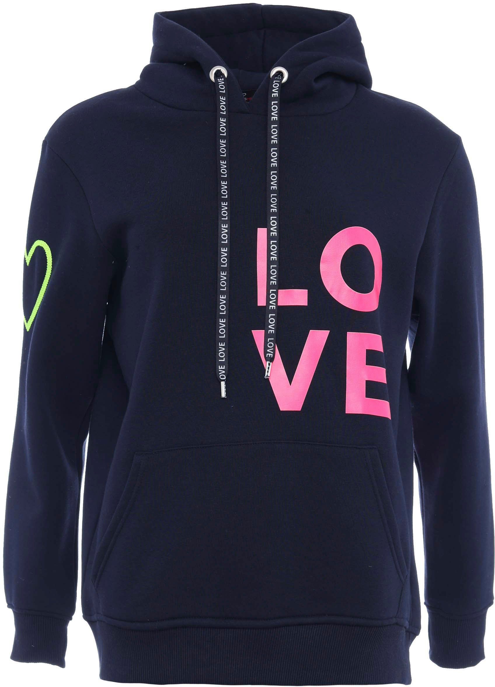Zwillingsherz Hoodie met geborduurd neonhart op de mouw en "love"-schrift op koord
