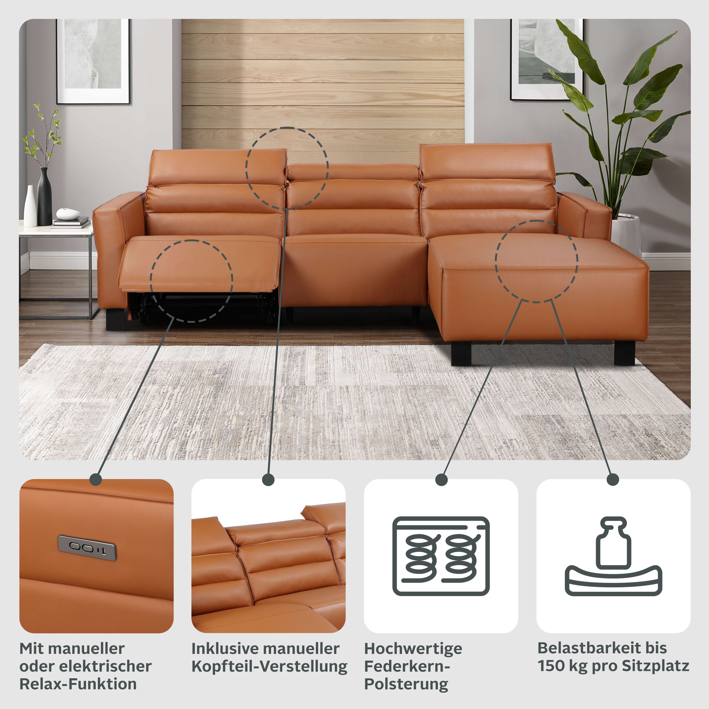 Places of Style Hoekbank Carpari, L-vorm, 263 cm, handmatige of elektrische relaxfunctie