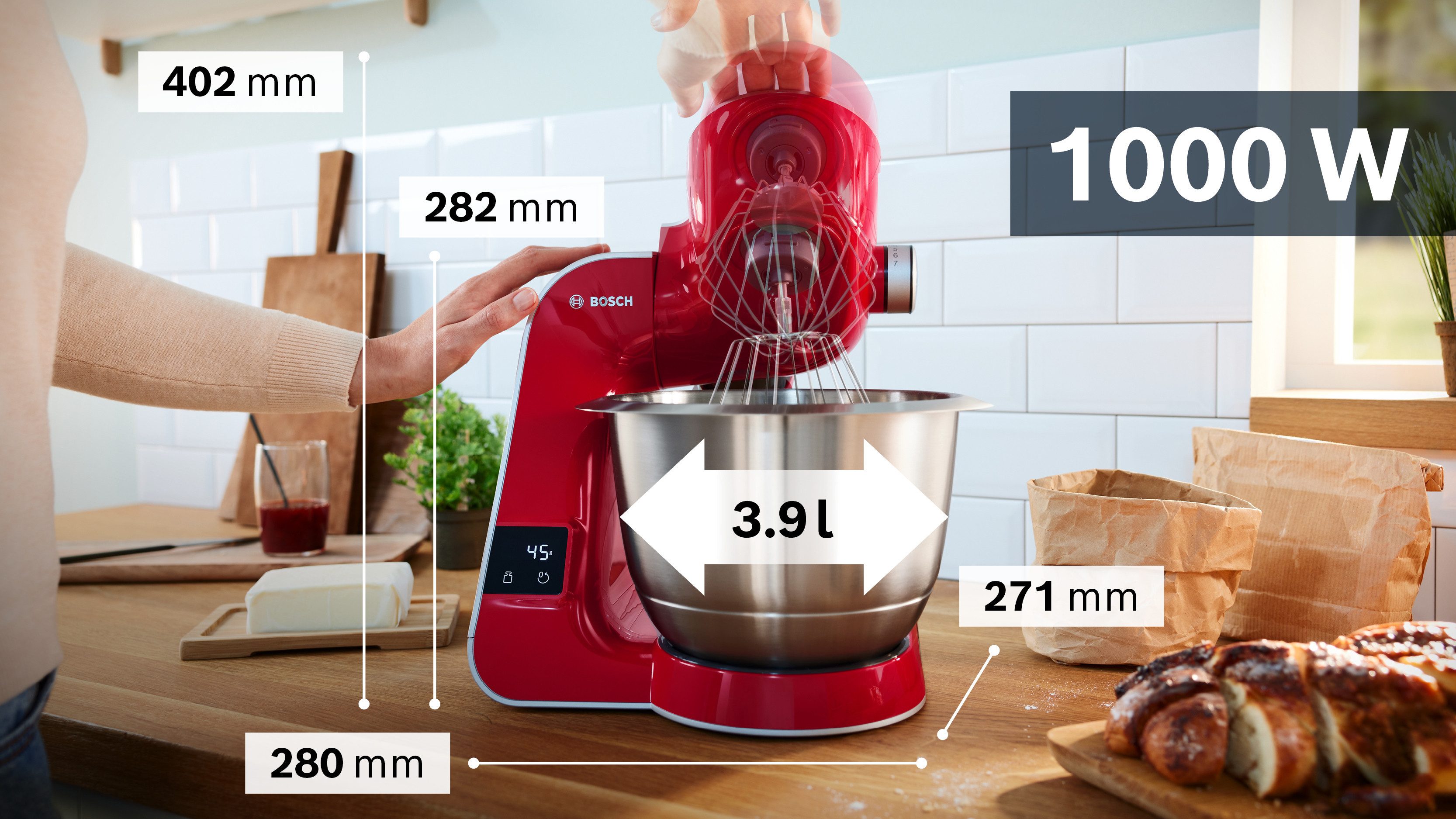 BOSCH Keukenmachine Serie 4 MUM5X720, geïntegreerde weegschaal, continu rasp- en snijapparaat, mixer, rood