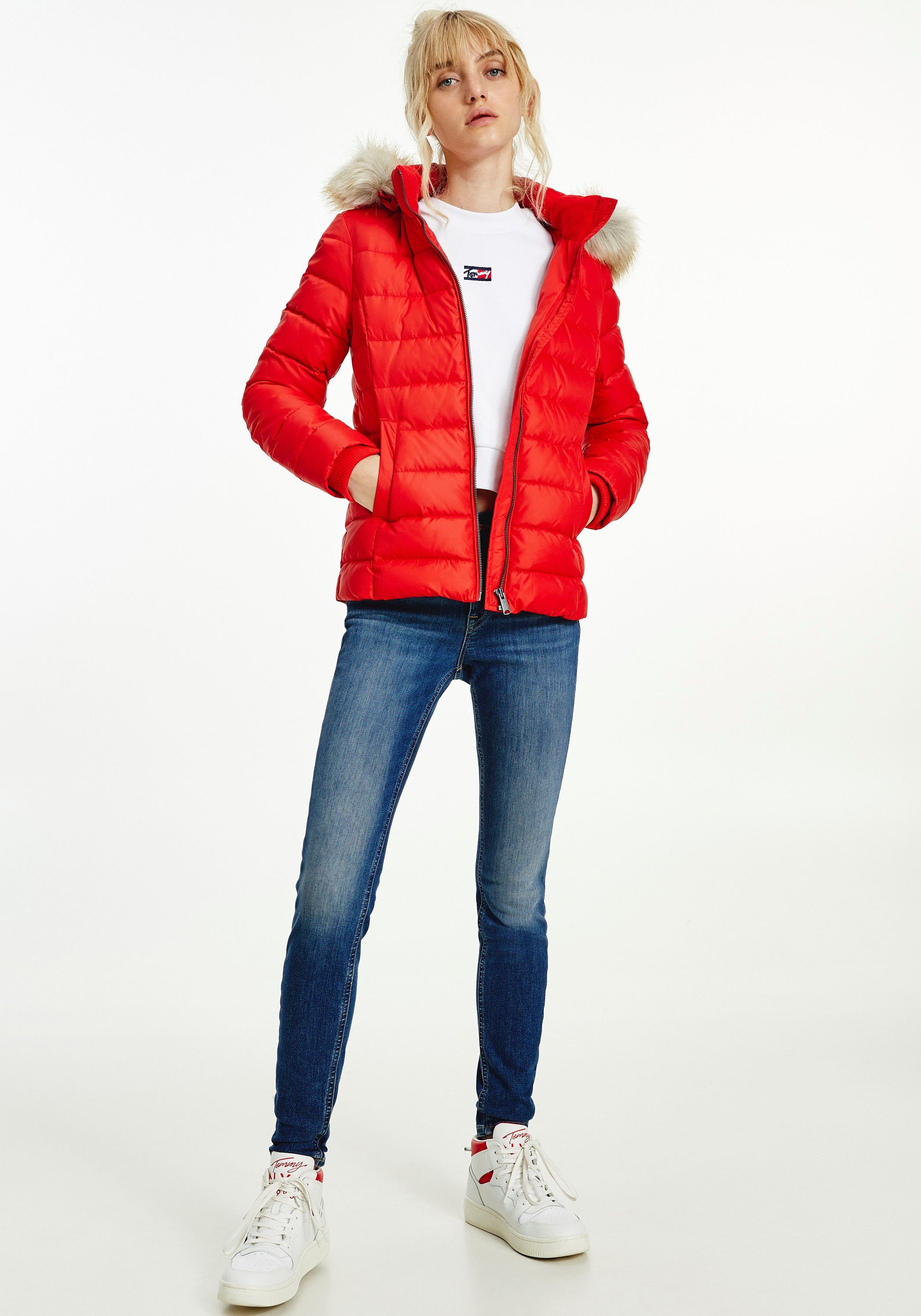 TOMMY JEANS Donsjack BASIC HOODED DOWN JACKET met imitatiebont aan de capuchon & tommy jeans-merklabel