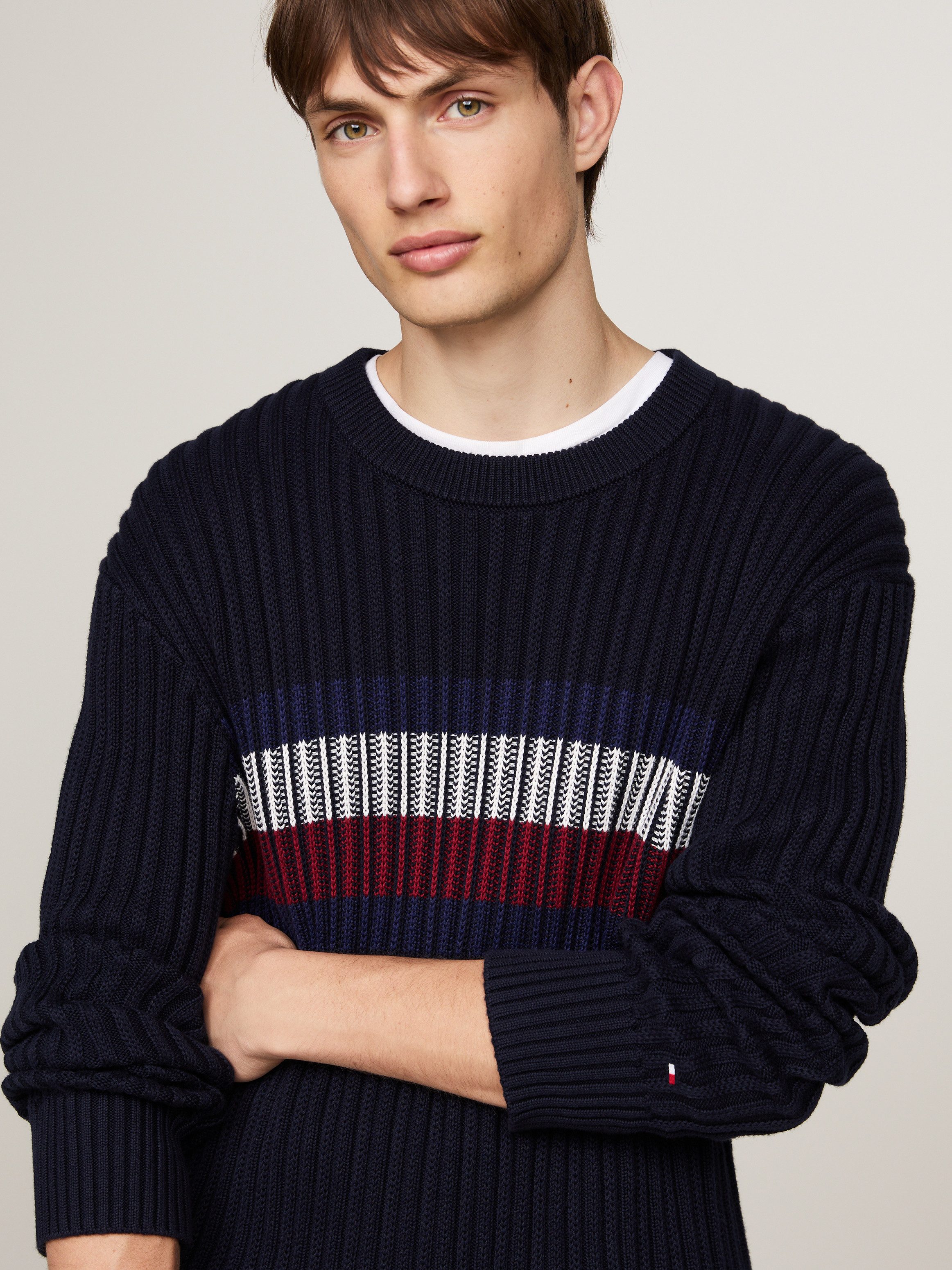 Tommy Hilfiger Trui met ronde hals GLOBAL STRIPE CHUNKY RIB C NK met opvallend color block-ontwerp