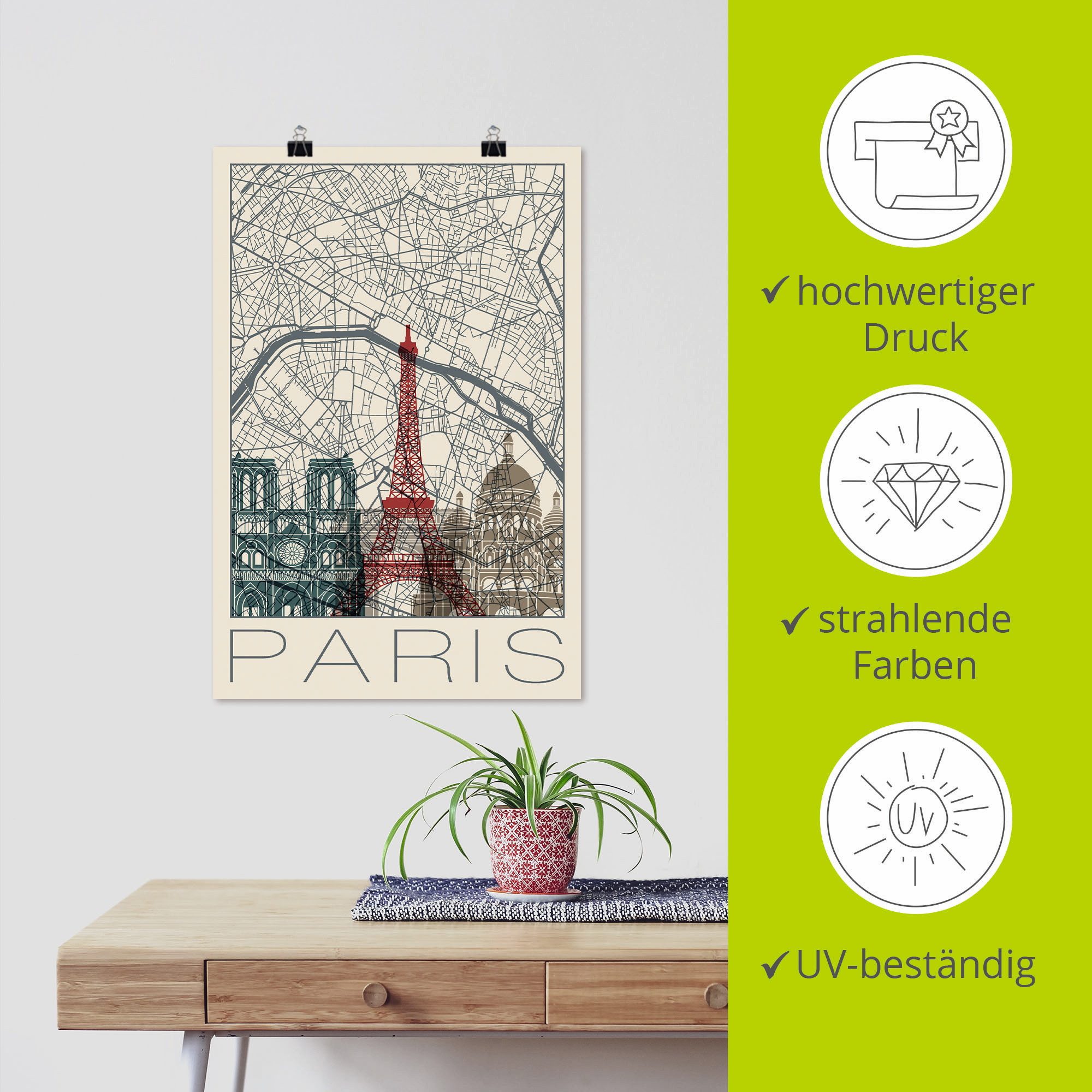 Artland Artprint Retro kaart Parijs Frankrijk en skyline als artprint van aluminium, artprint voor buiten, poster in diverse formaten
