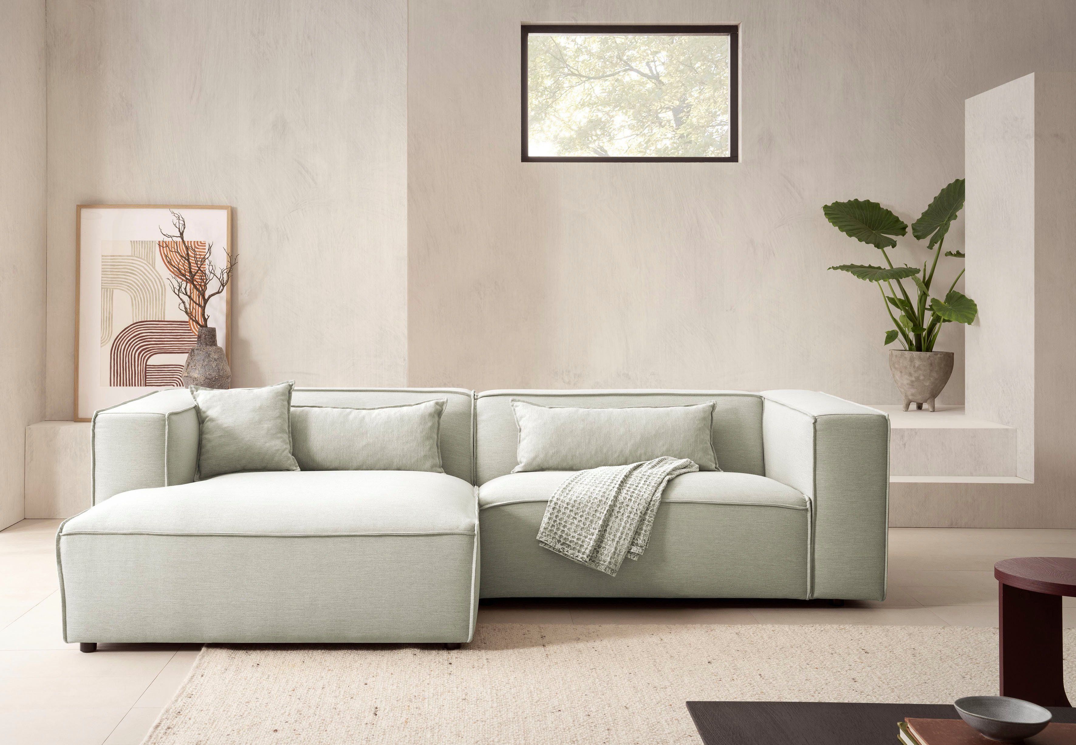 LeGer Home by Lena Gercke Hoekbank PIARA met biesnaad in cord of linnenlook, moderne bank in L-vorm keuze ottomaan rechts/links, zwarte voeten, comfortabel zitcomfort