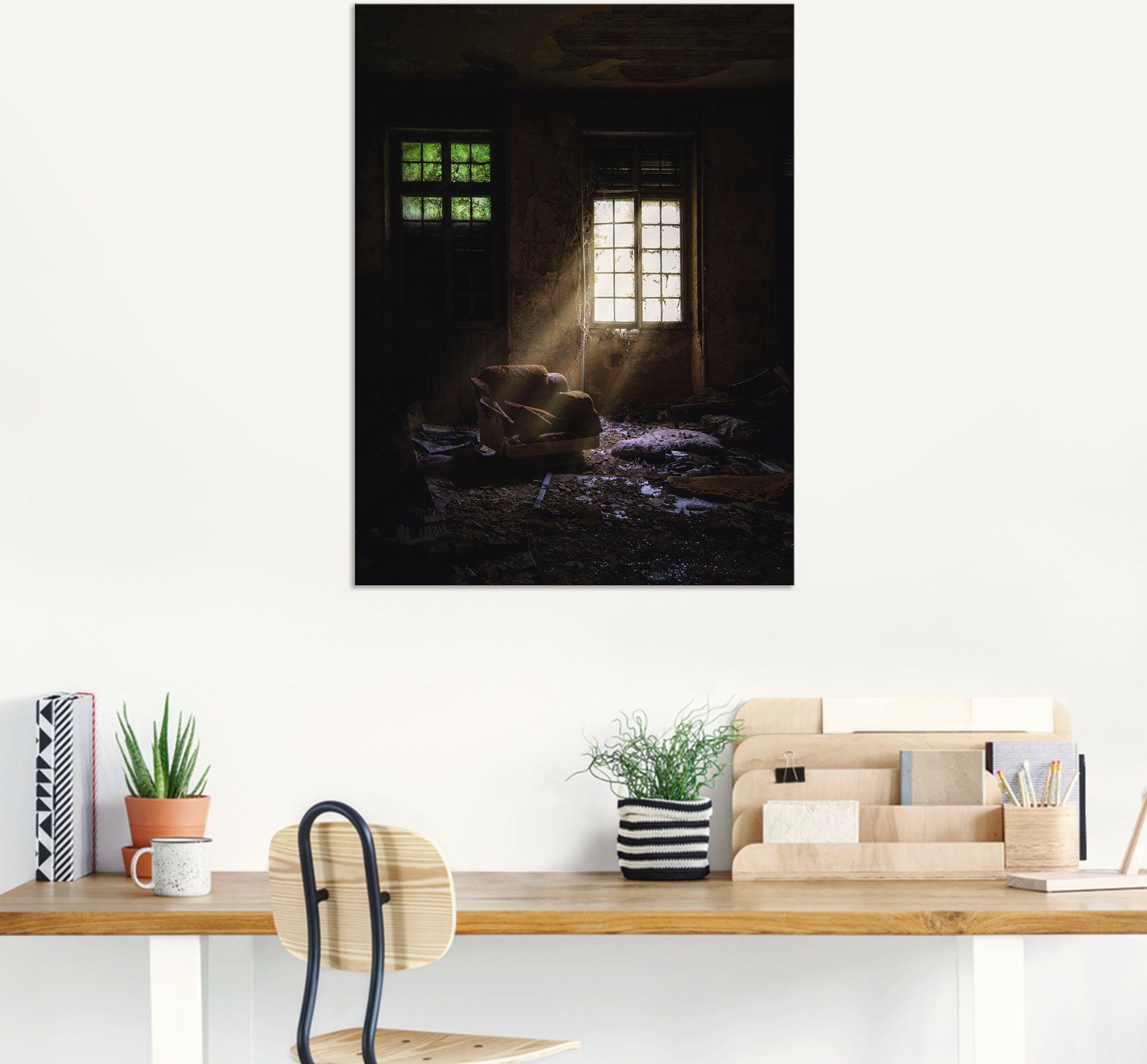 Artland Artprint Lost Place Bij het raam fauteuil als artprint van aluminium, artprint voor buiten, artprint op linnen in verschillende maten