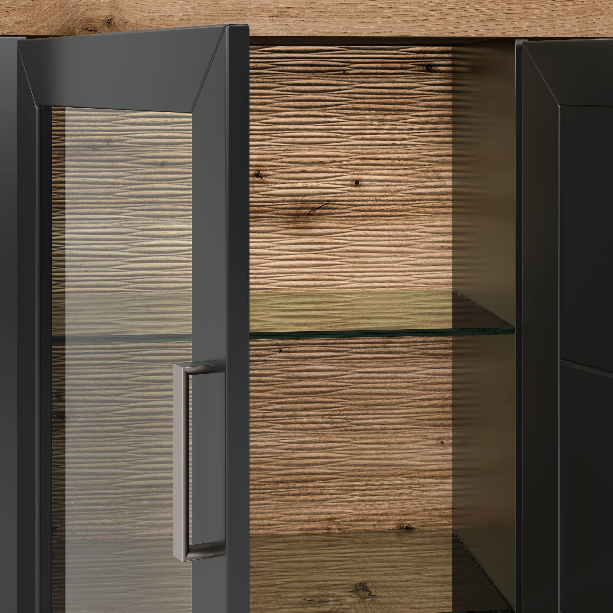 set one by Musterring Highboard York Type 57, met glazen deuren, veel opbergruimte, verlichting optioneel, B 184 cm