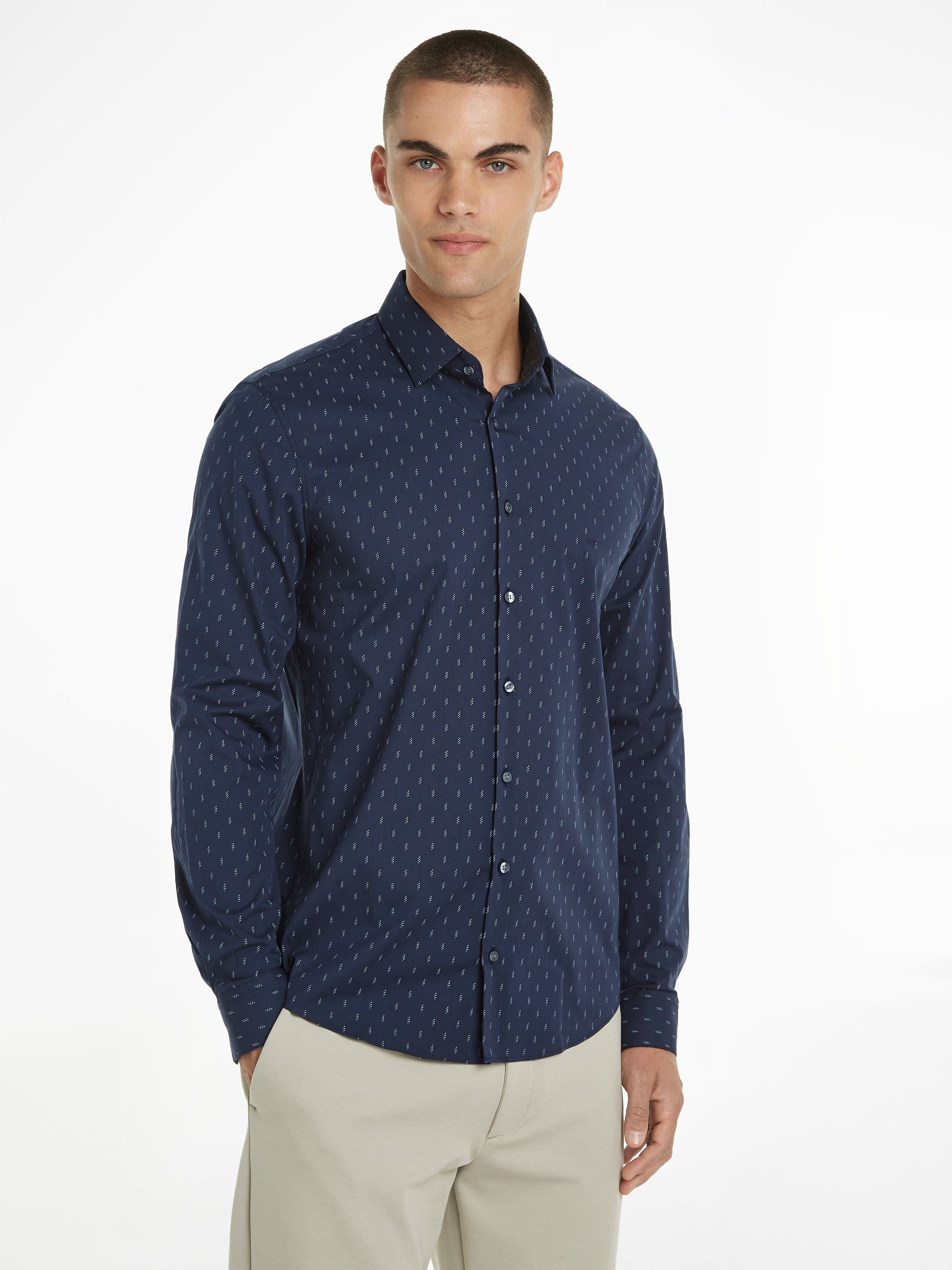 Calvin Klein Overhemd met lange mouwen POPLIN LEAF PRINT SLIM SHIRT heren overhemden maat 45 blauw