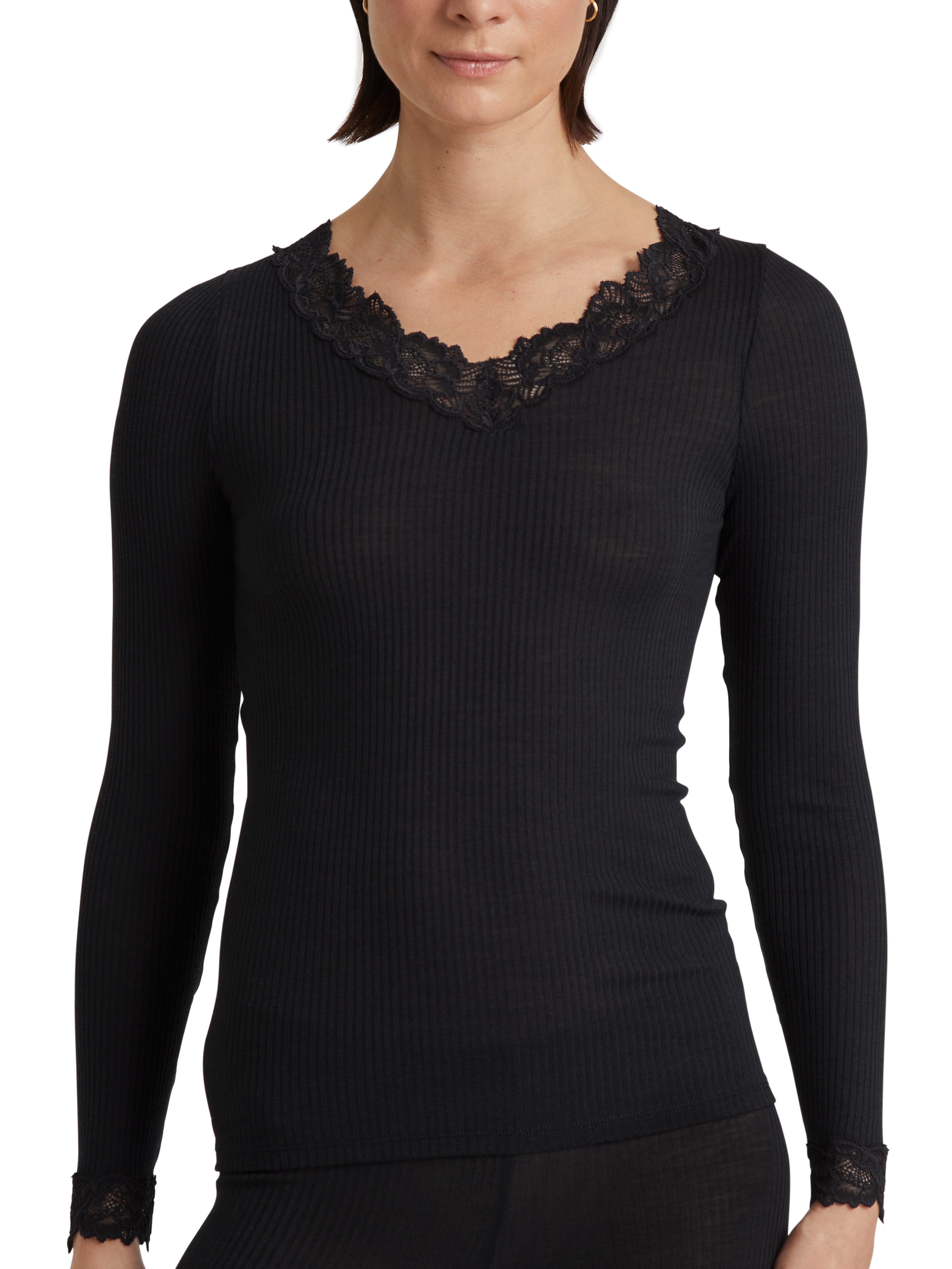 CALIDA Shirt met lange mouwen Silky Wool Joy met kant aan de halslijn en boorden