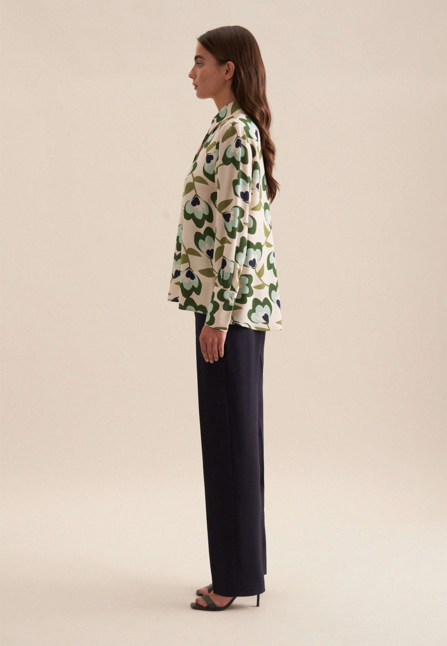 seidensticker Overhemdblouse Zwarte roos Lange mouwen kraag print