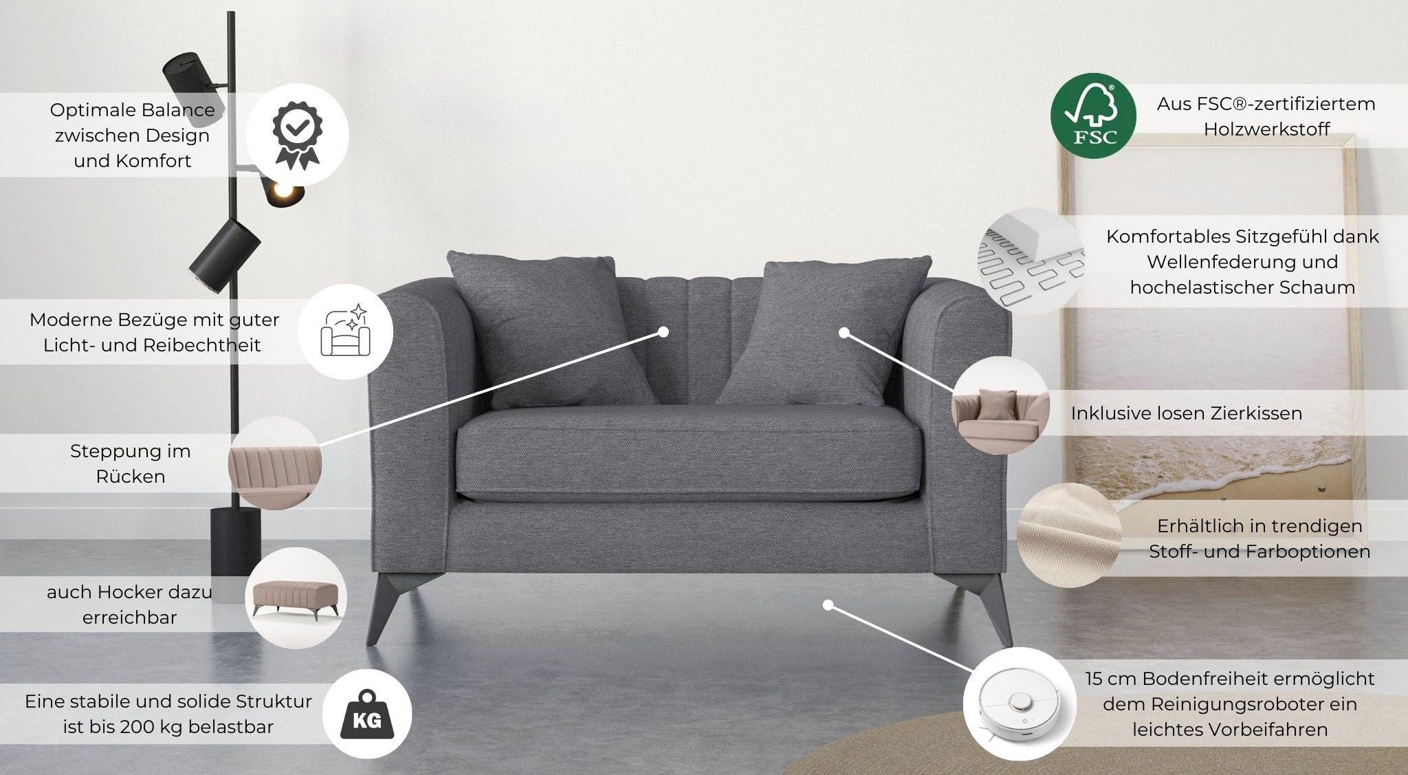 Places of Style Loveseat MATTHEW loungestoel, afmetingen B/D/H: 130/86/74 cm incl. sierkussen, fijne stiksels in de rug, belastbaar tot 200kg