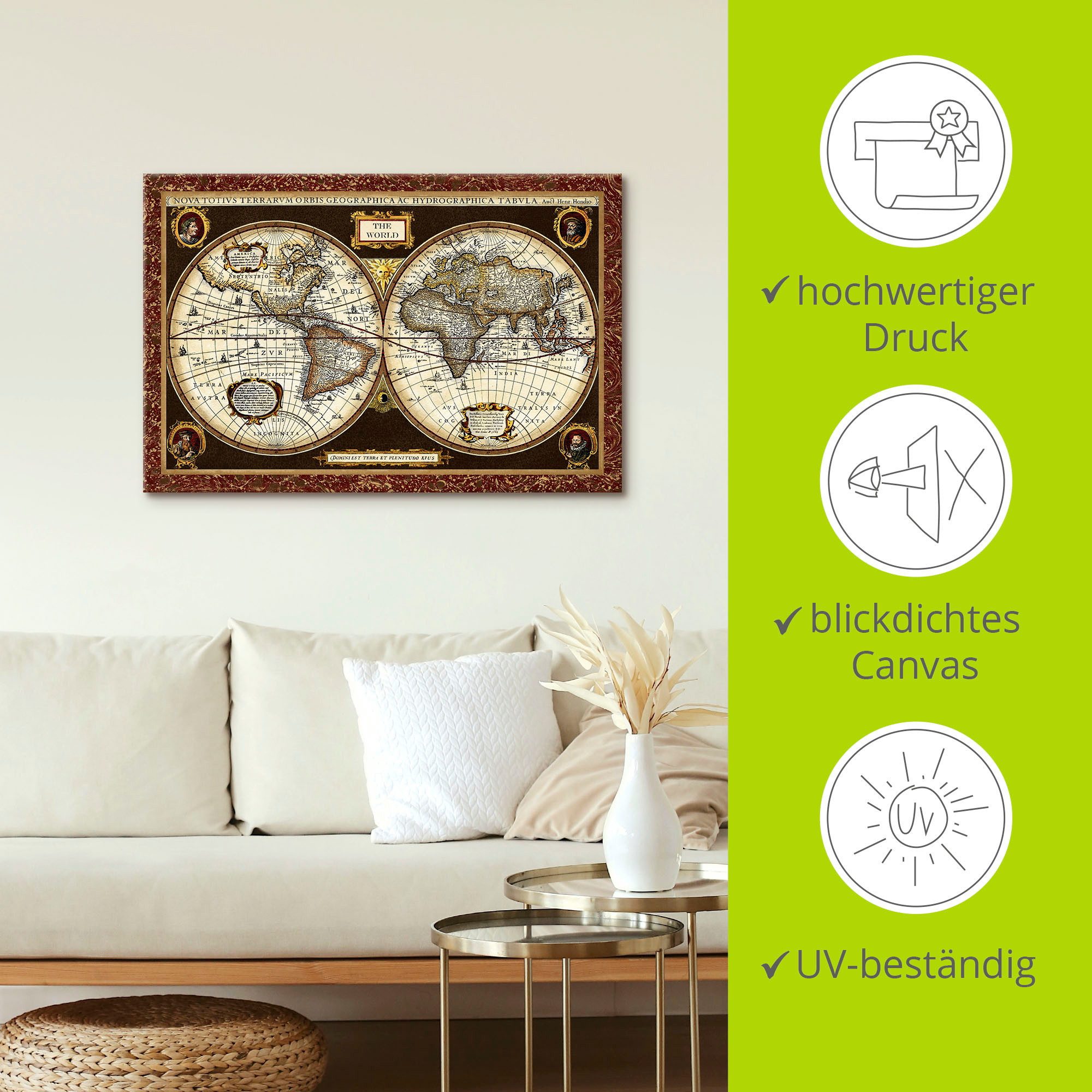 Artland Artprint Wereldkaart als artprint van aluminium, artprint voor buiten, artprint op linnen, poster, muursticker