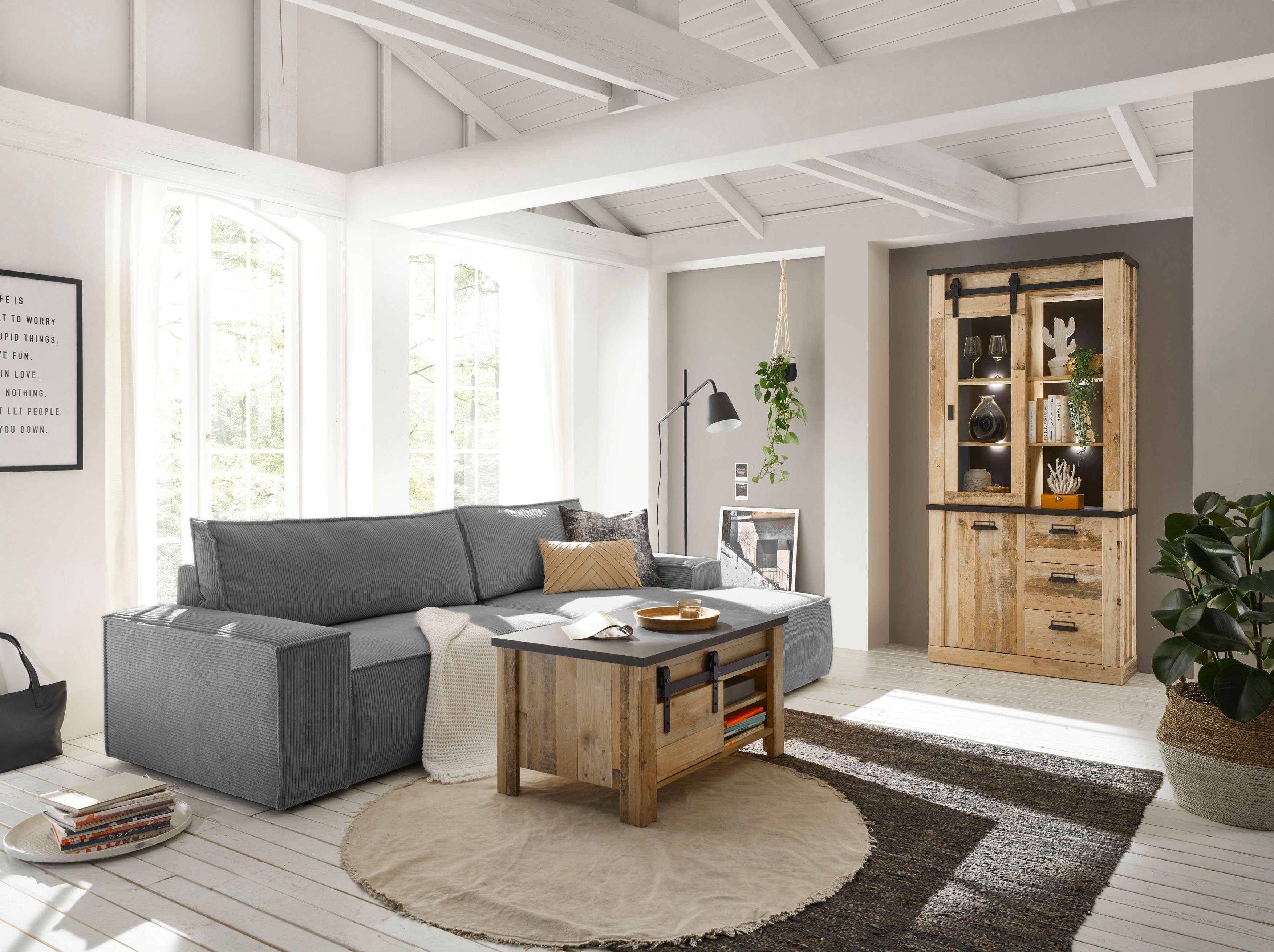 Home affaire Hoekbank SHERWOOD bedbank 267 cm, L-model, Slaapfunctie met bedlade (210x136 cm), cord, vintage, fluweel