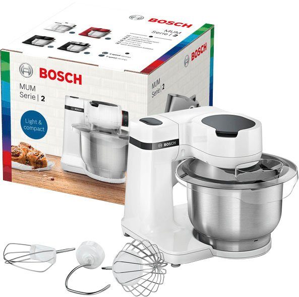 BOSCH Keukenmachine Serie 2 MUMS2EW00, edelstalen kom, wit Planetenmixers, kneedhaken/schaar-/klop-/mixbesen van roestvrij staal, 4 standen