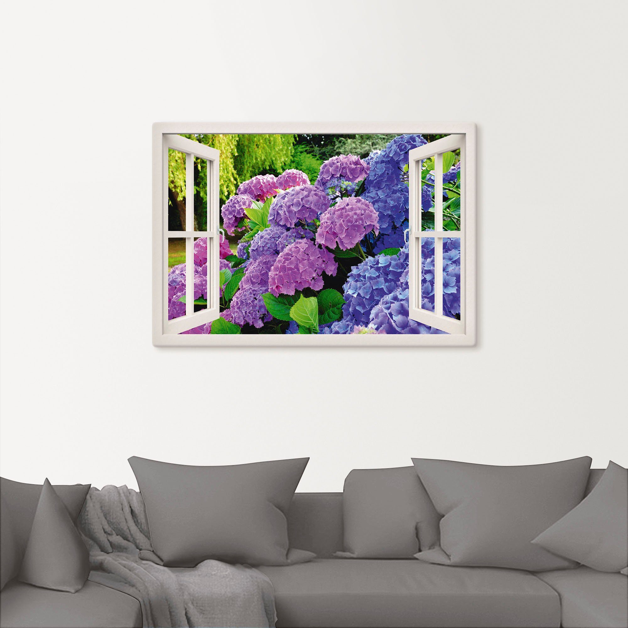 Artland Artprint Blik uit het venster hortensia's in de tuin als artprint op linnen, poster in verschillende formaten maten
