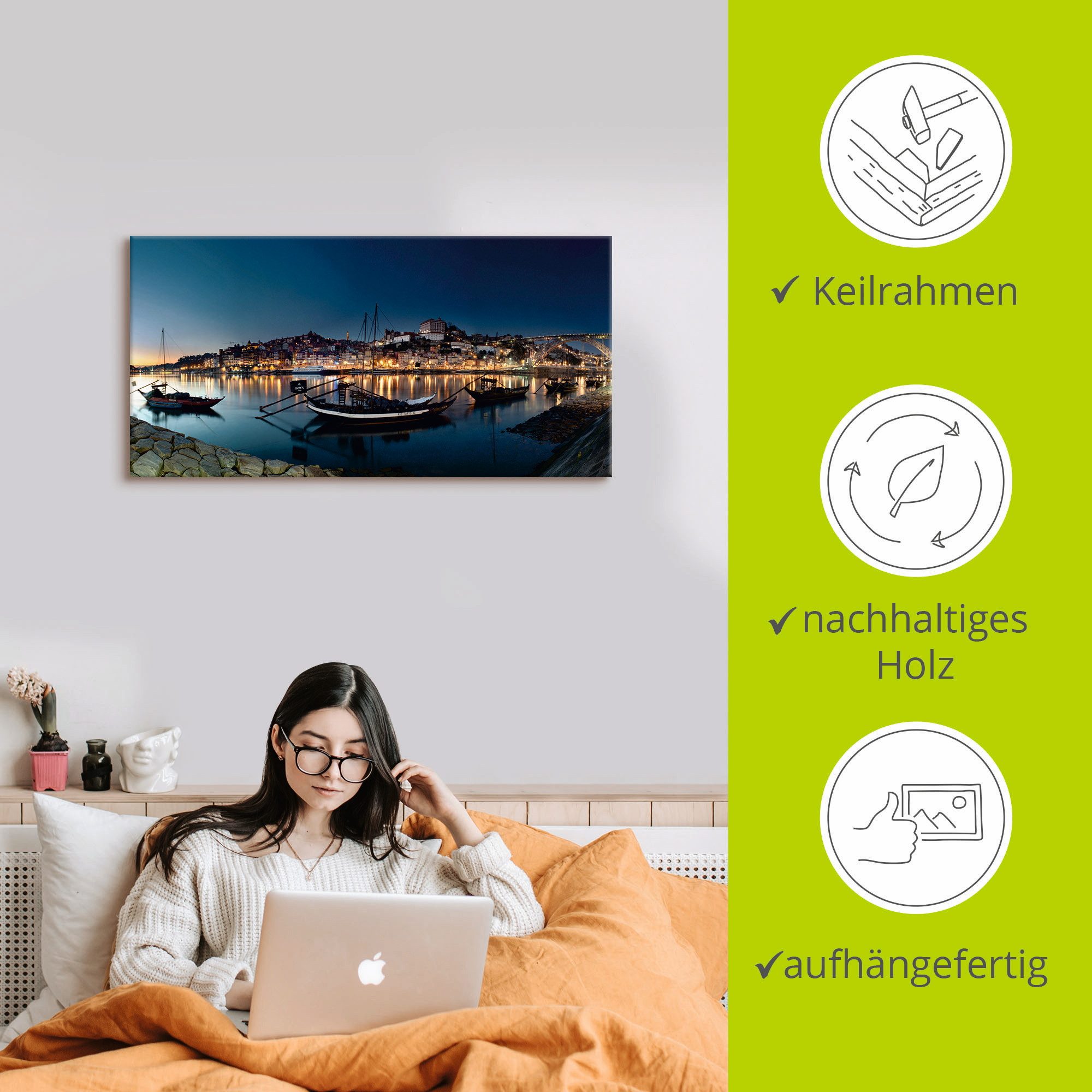 Artland Artprint op linnen Porto - Nachtpanorama gespannen op een spieraam