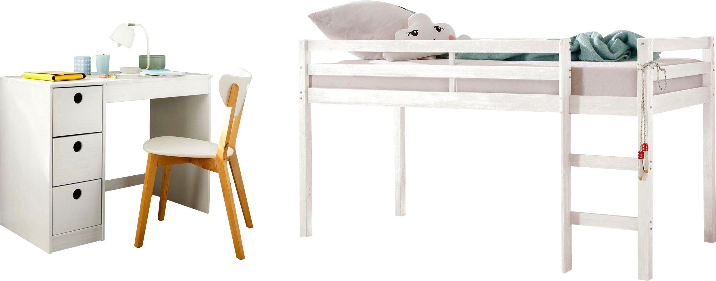 Lüttenhütt Tienerkamerset Alpi Hoogslaper en bureau met opbergruimte, perfect voor kleine kamers (voordeelset, 2-delig) complete kinderkamers wit