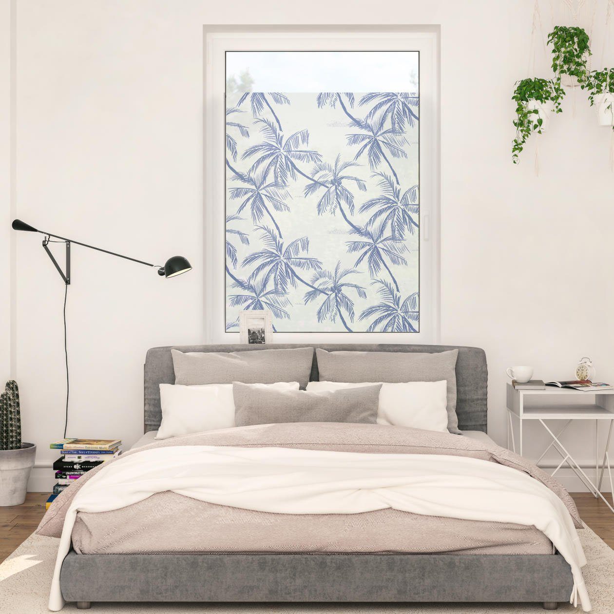LICHTBLICK Raamfolie Fensterfolie selbstklebend, Sichtschutz, Blueprint Palms Blau (1 stuk)