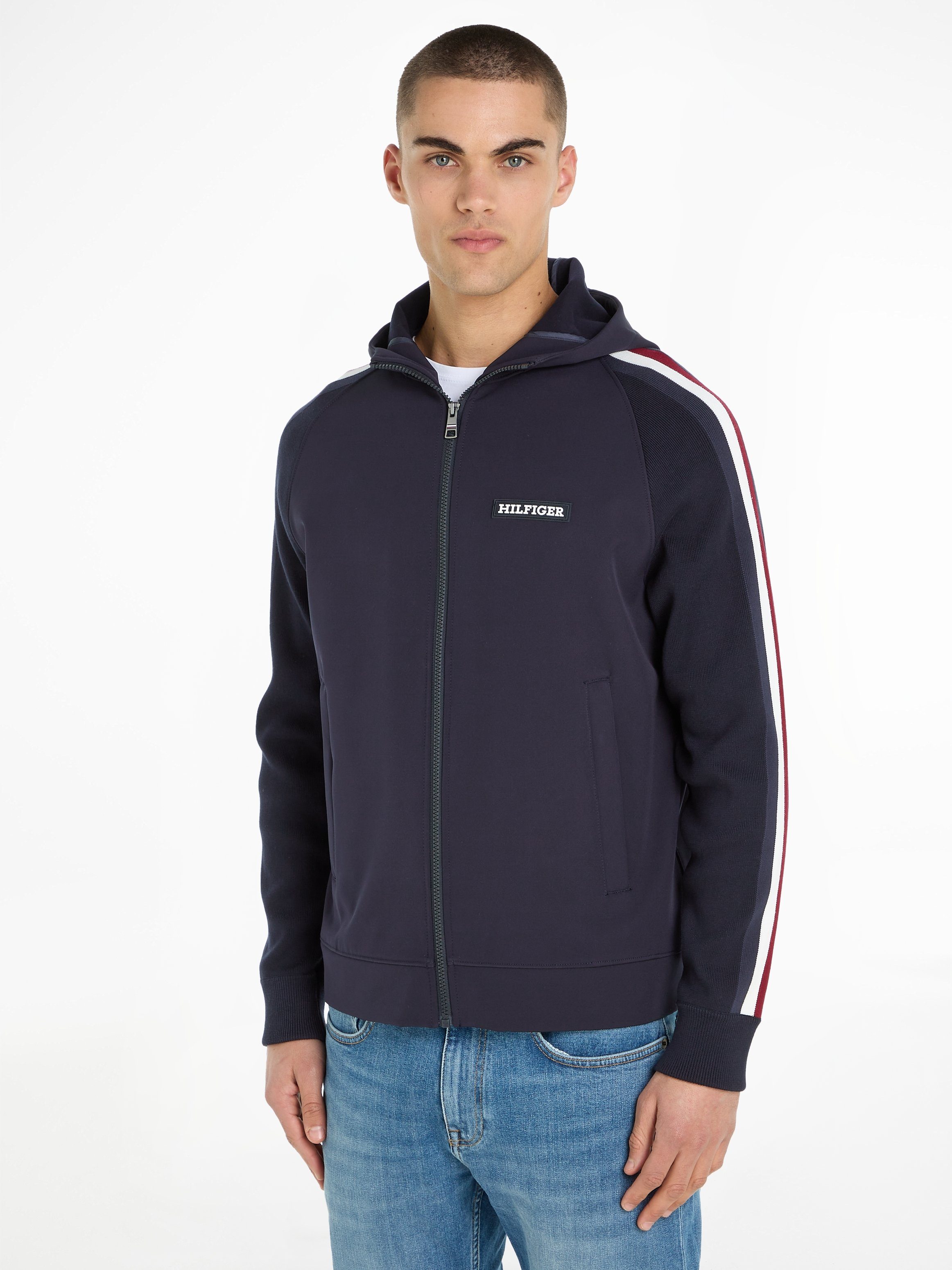 Tommy Hilfiger Capuchontrui MIXED MEDIA HOODED SWEATER met th-strepen op de mouwen heren hoodies maat M blauw