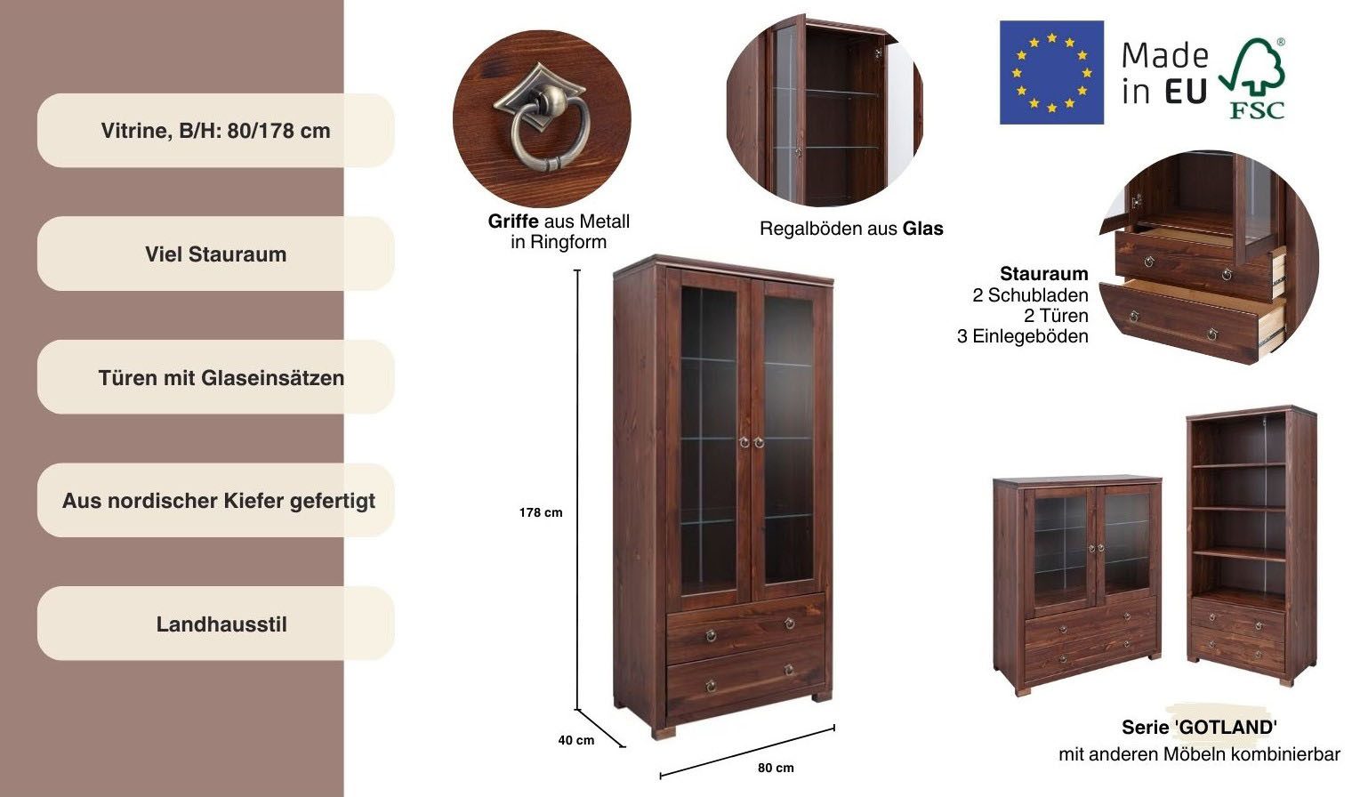Home affaire Vitrinekast Gotland Breedte 80 cm, hoogte 178 cm, met glazen deuren, van massief grenen, FSC®
