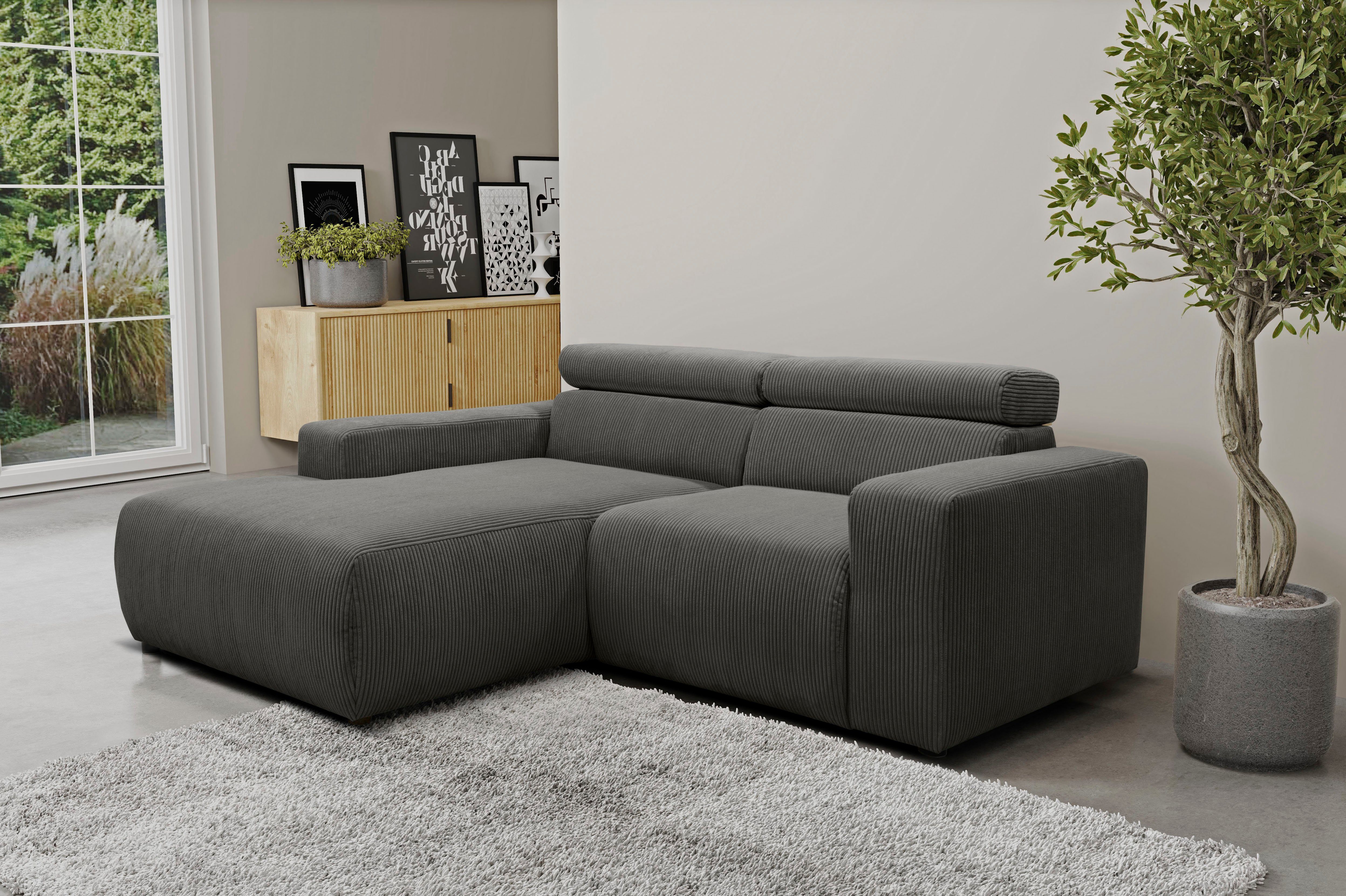 DOMO collection Hoekbank Brandon kleine versie BxDxH: 214x100x80 cm Met verstelbare hoofdsteun, ook in leer en cord, L-model