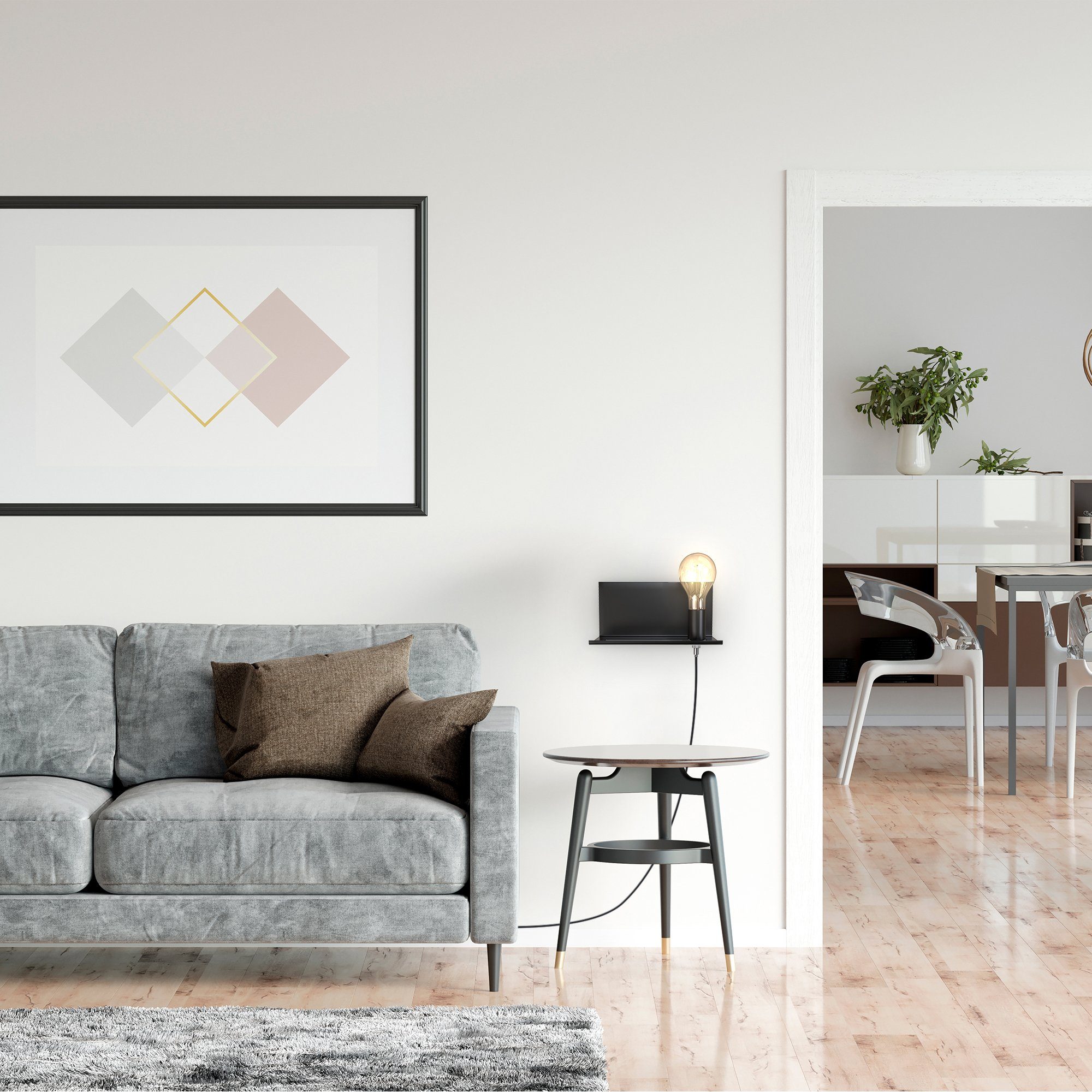 B.K.Licht Wandlamp verstelbare wandlamp met plank, kabelschakelaar, zwart, 1-vlamig