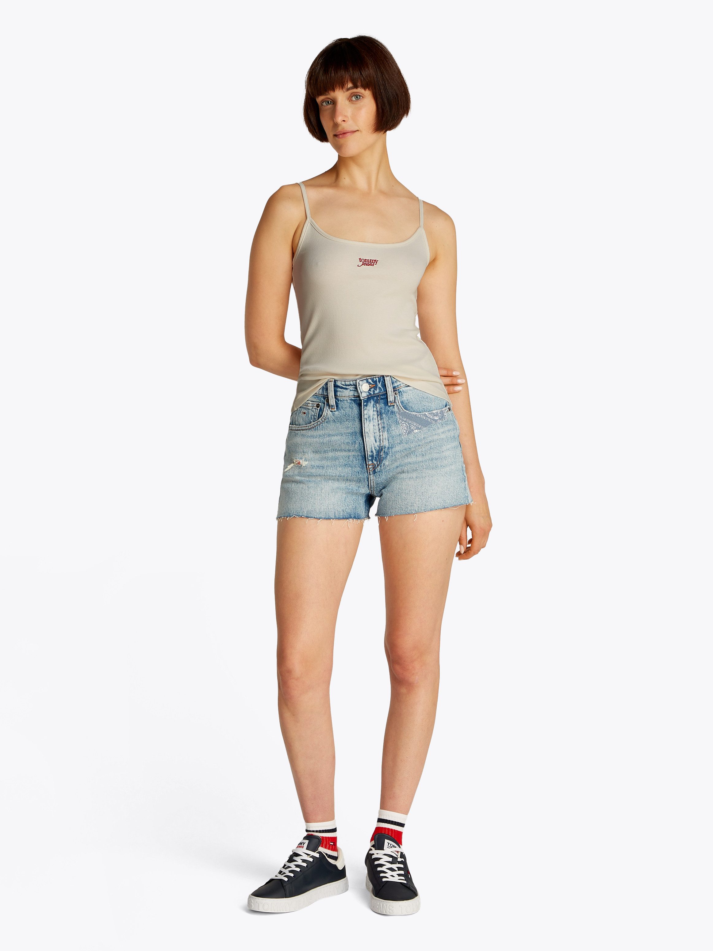 TOMMY JEANS Top met spaghettibandjes TJW SCRIPT STRAPPY TOP in riblook, met logo-opdruk