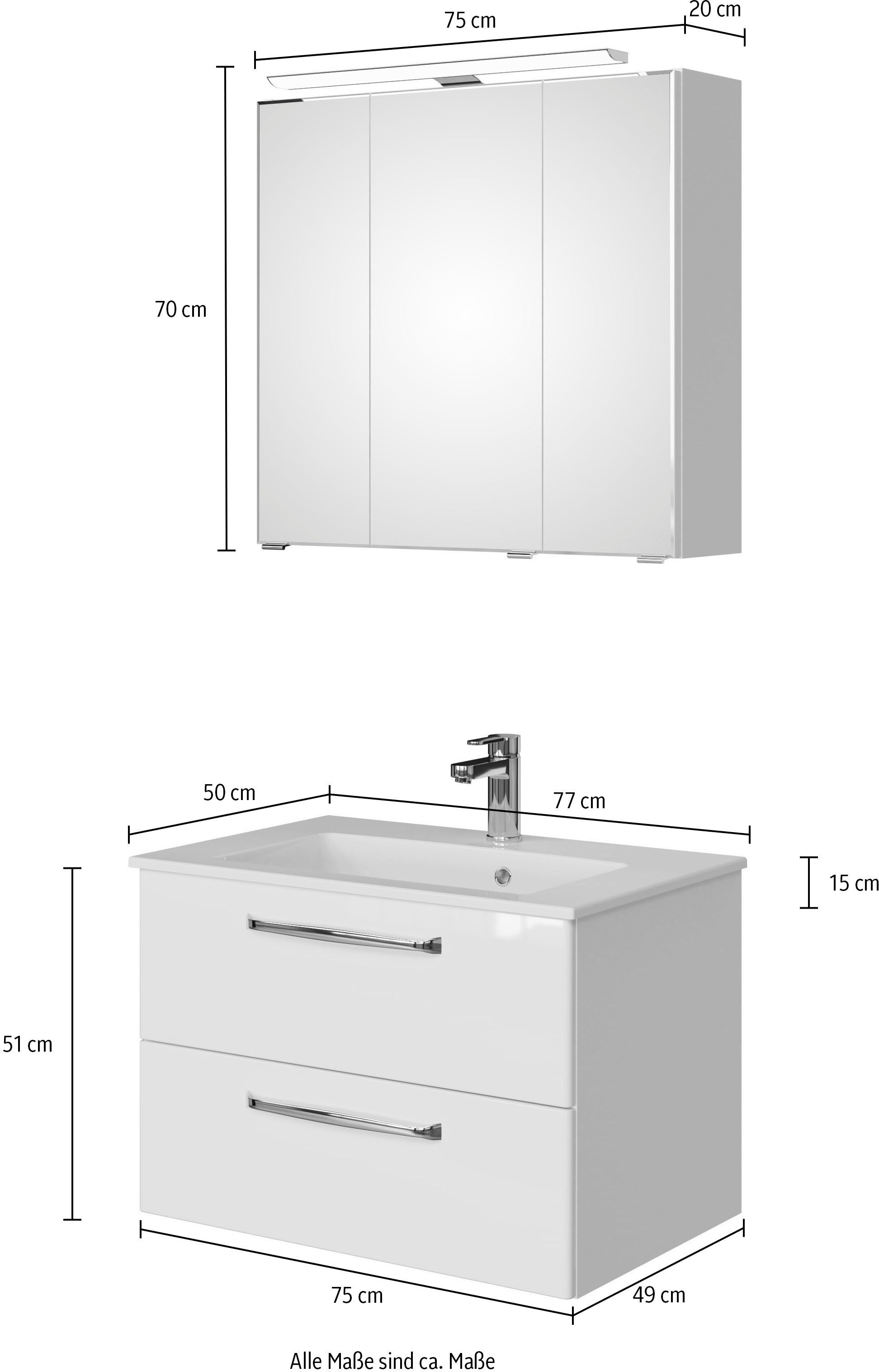Saphir Badmeubelset Trentino 2-delig mineralen marmer wasbak, spiegelkast met LED-lamp (3 stuks)