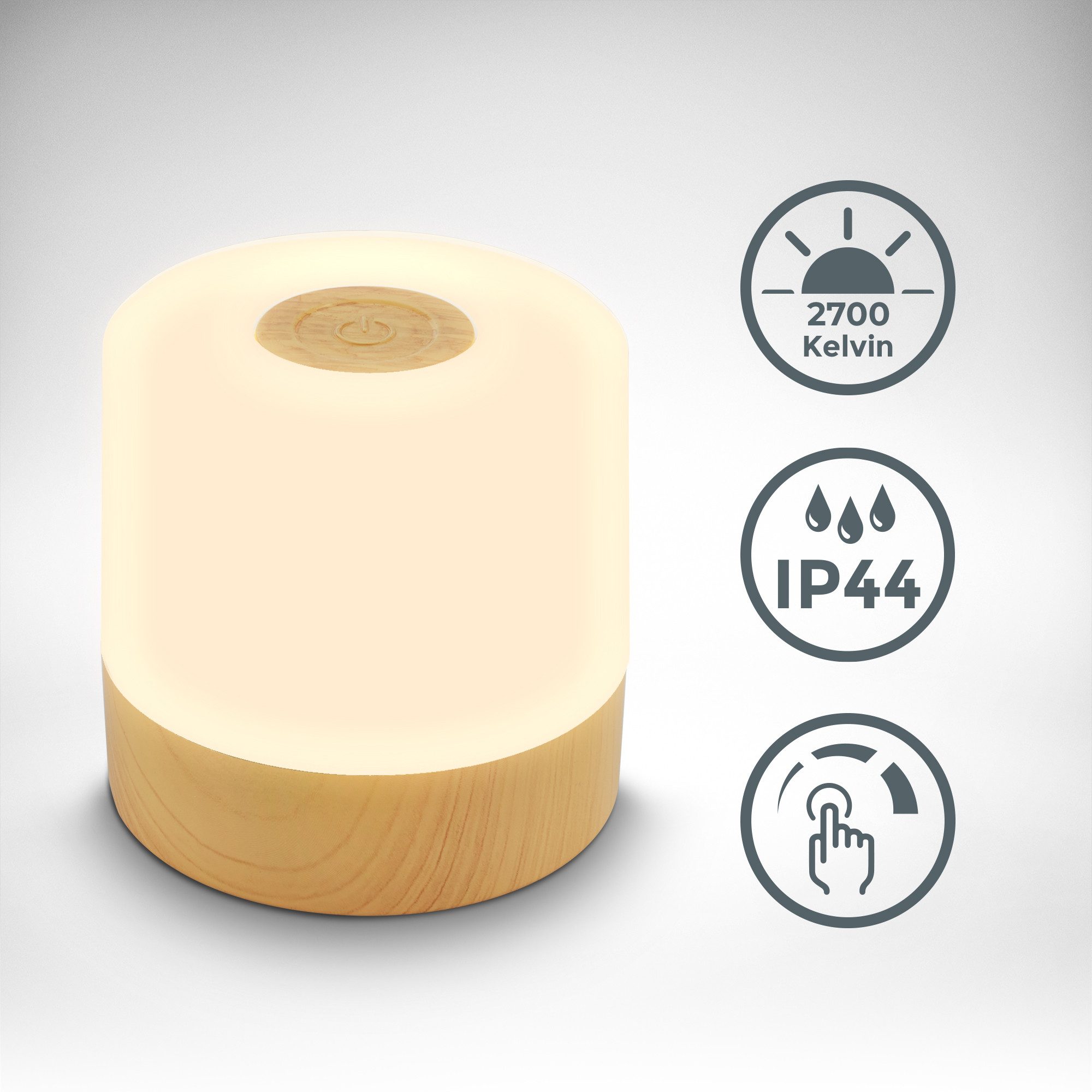 B.K.Licht Tafellamp voor buiten BK_TL1589 Accu LED tafellamp, 3-niveau touchdimmer, met USB 2.700 k, 150 lm, 2w, ingebouwde batterij, ip44, 7x7 cm, houtkleur (1 stuk)