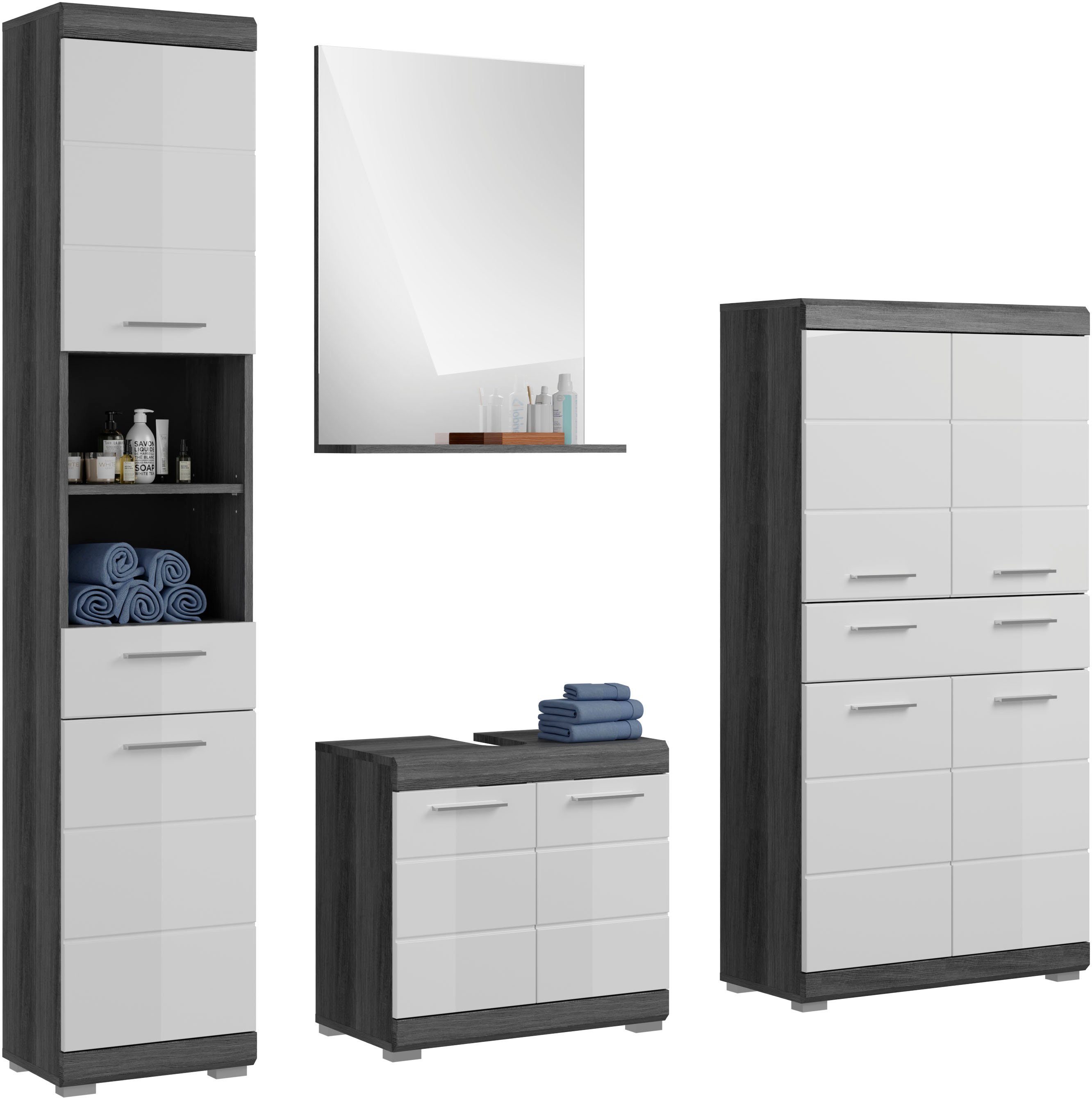 INOSIGN Badkamerserie Siena, 4-delig, bestaande uit: Hoge kast, wastafelonderkast, badkamer spiegel, middenkast (set, 4-delig) badmeubelsets grijs