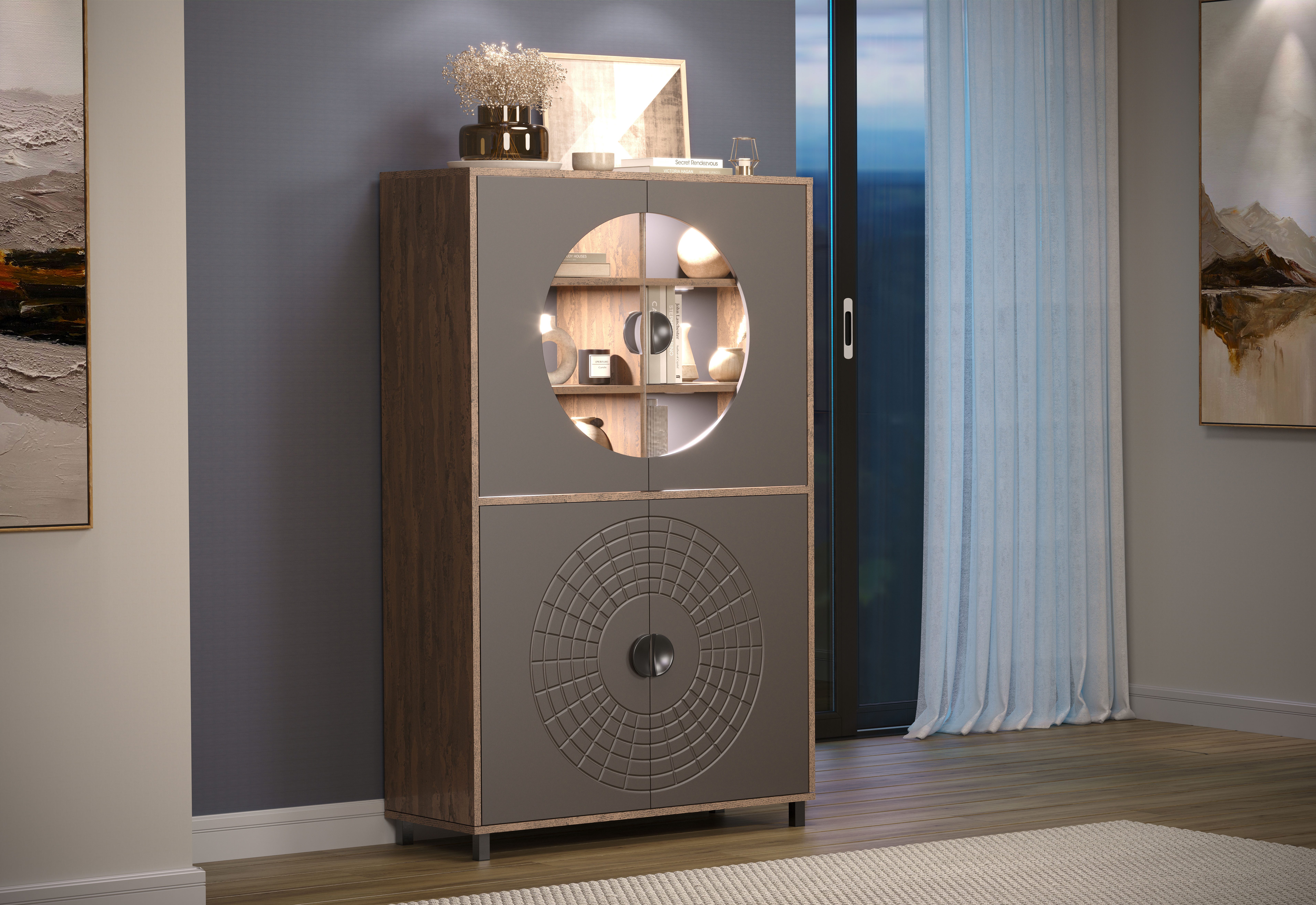INOSIGN Hoge kast Fusion Vitrine met bijzonder cirkelpatroon - huwelijkskast in vintage-look (1 stuk)