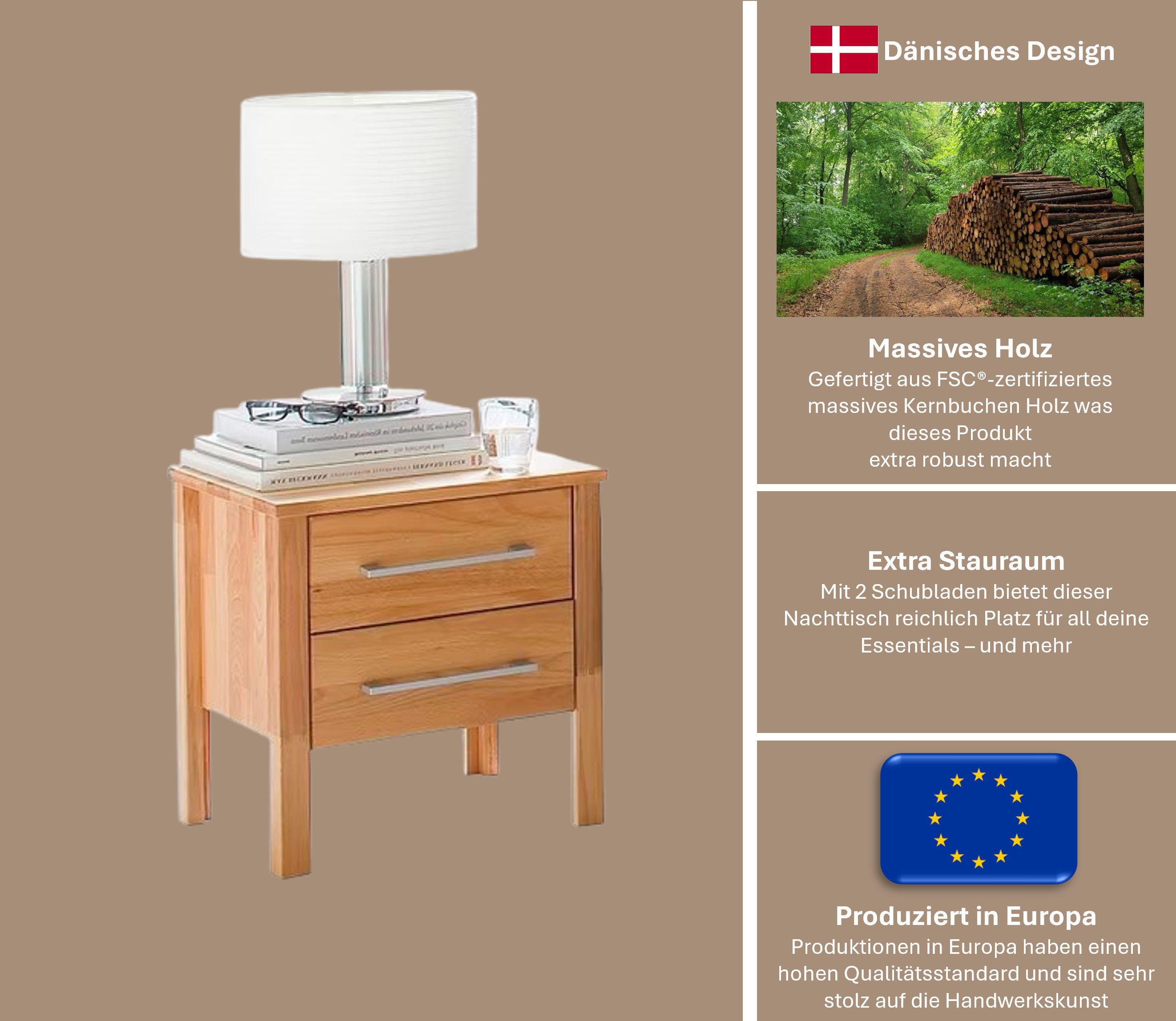 Home affaire Nachtkastje Modesty van massief beukenhout, met 2 laden, breedte 45 cm