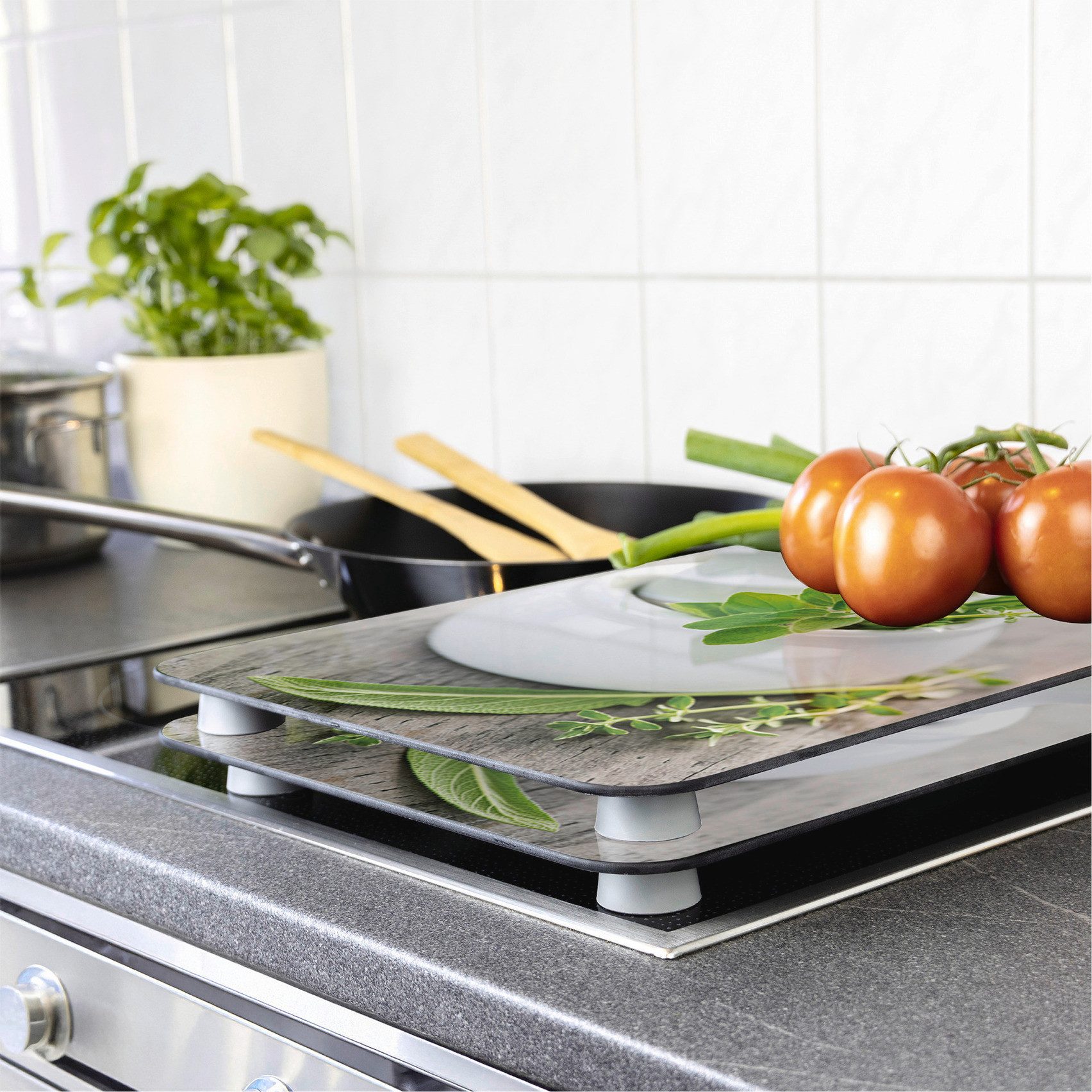 WENKO Kookplaatdeksel Universeel model Kruidentuin Kookplaatafdekking voor alle soorten kookplaten, krasvast, met antislipvoetjes (set, 2-delig)