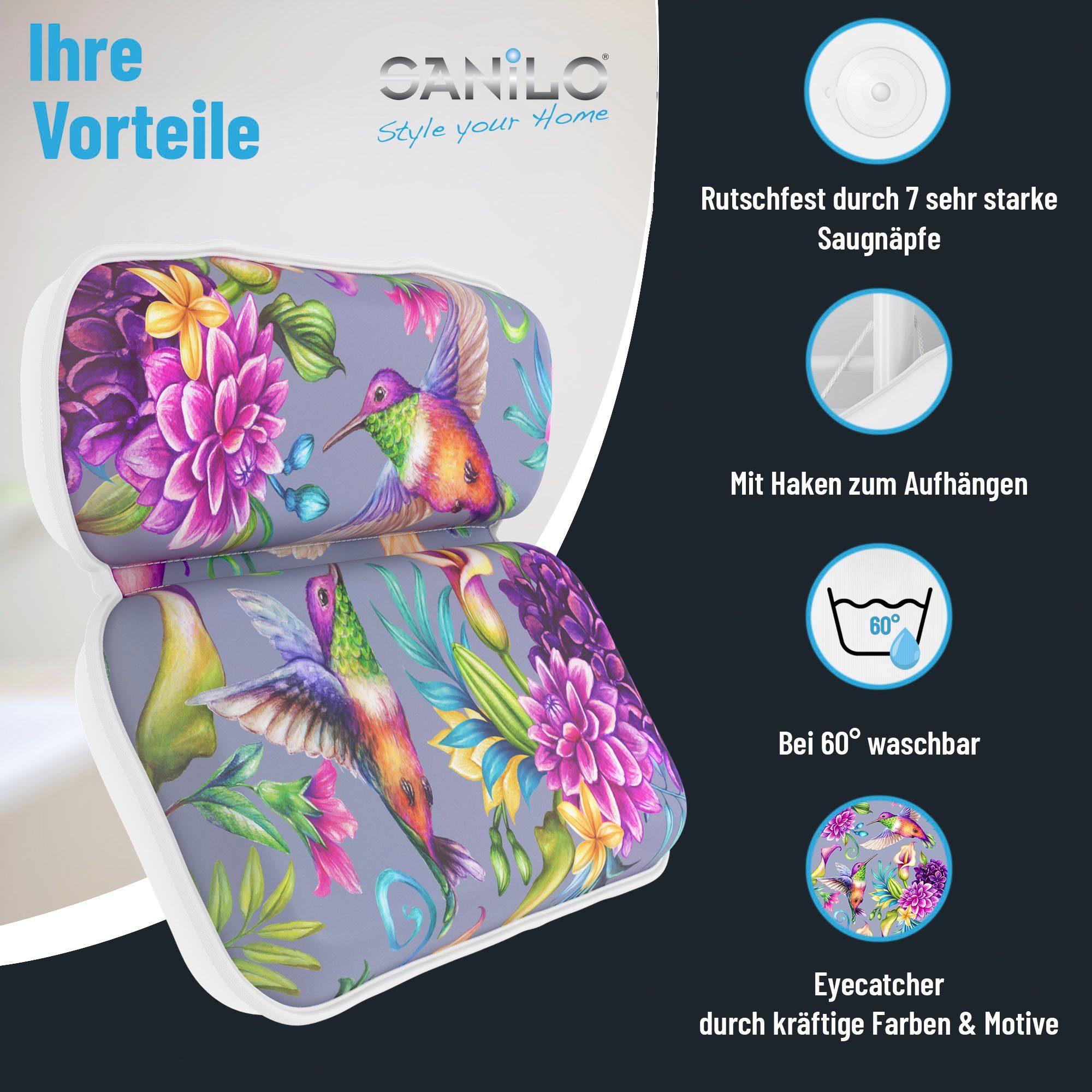 Sanilo Nekkussen Badkussen Kolibrie comfortabel, antislip, volle kleuren, met 7 prima zuignappen
