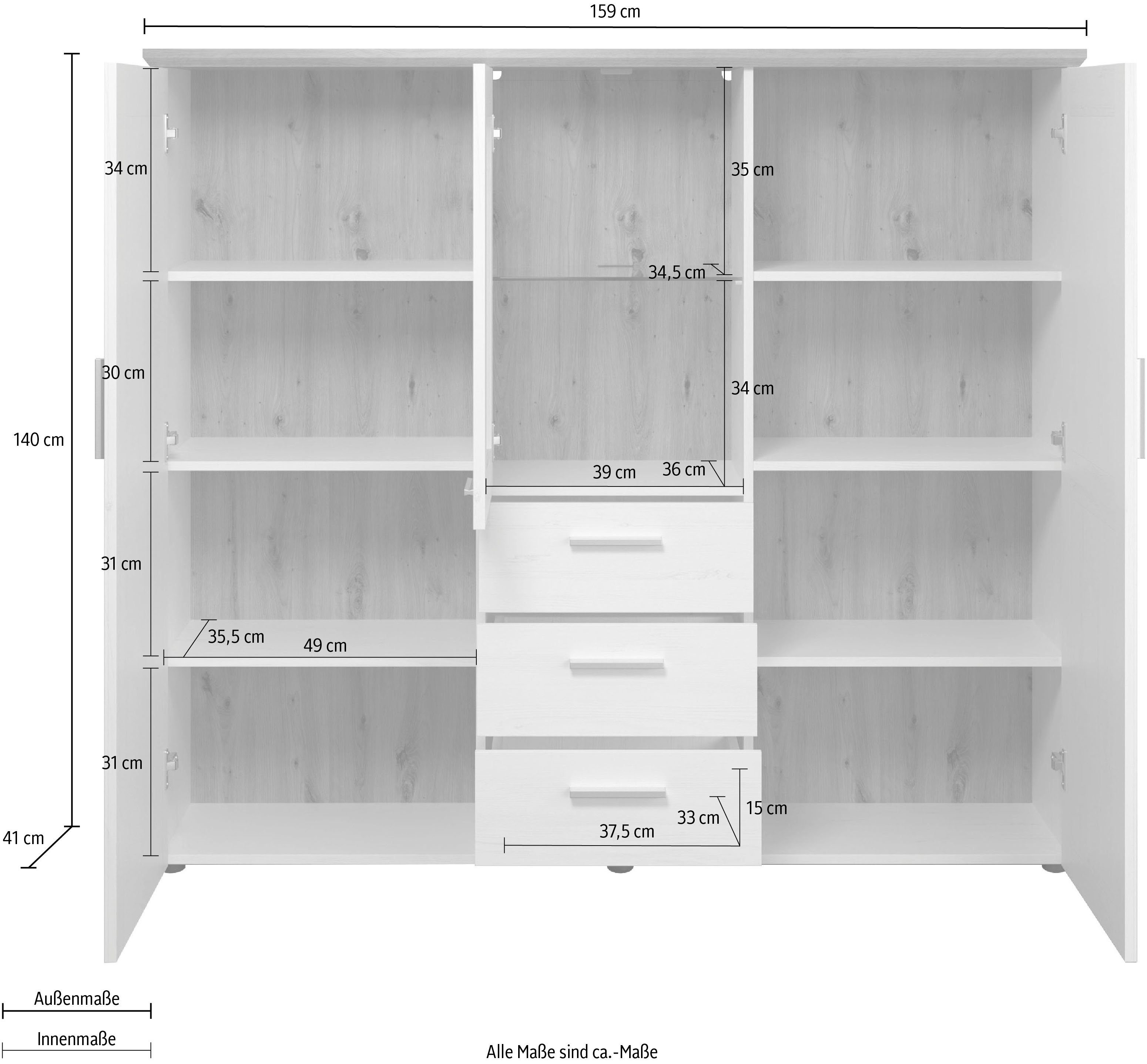 Home affaire Highboard Nybro Vitrine, omkeerbaar monteerbare deurstop, breedte 159 cm