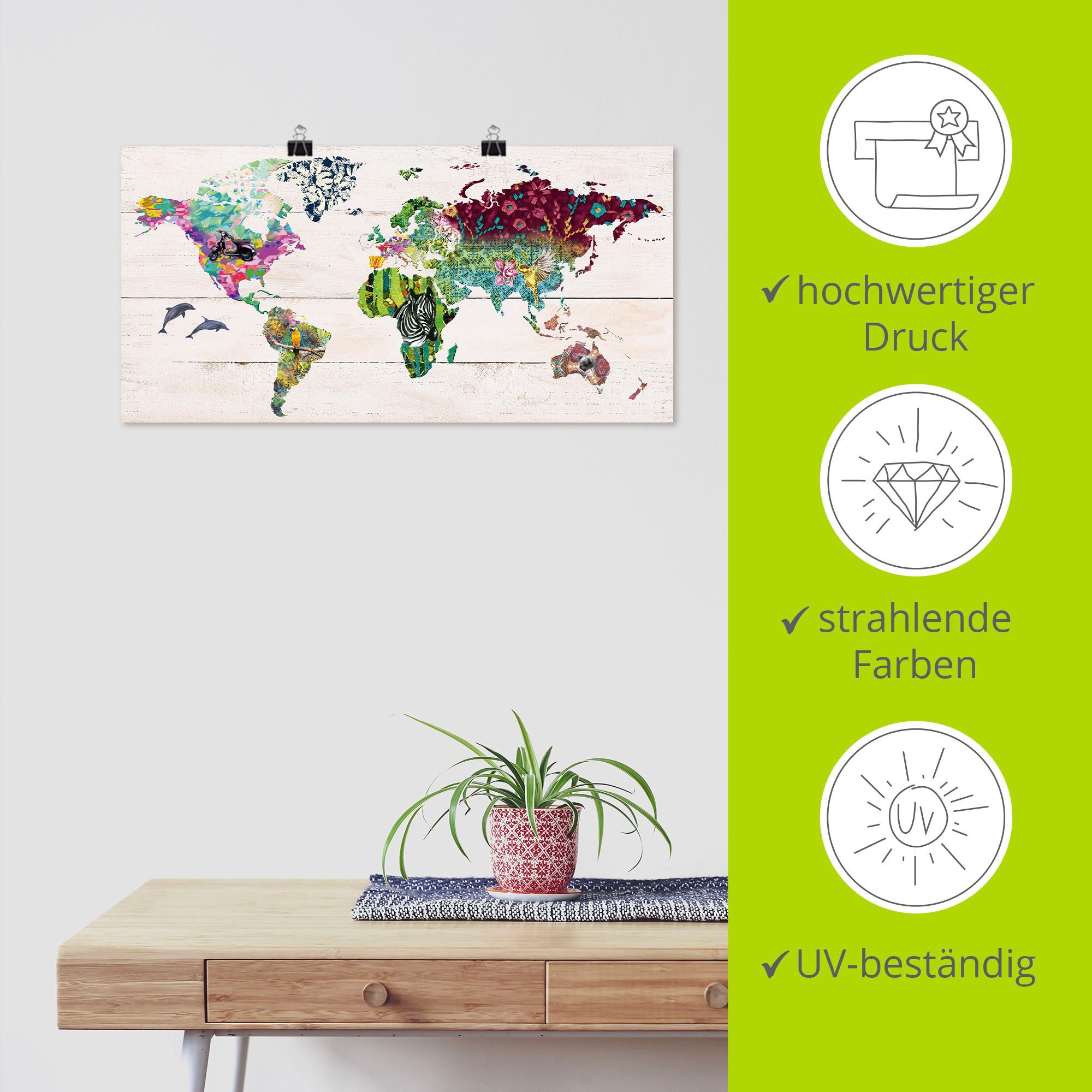 Artland Artprint Veelkleurige wereld op houten ondergrond als artprint op linnen, poster in verschillende formaten maten