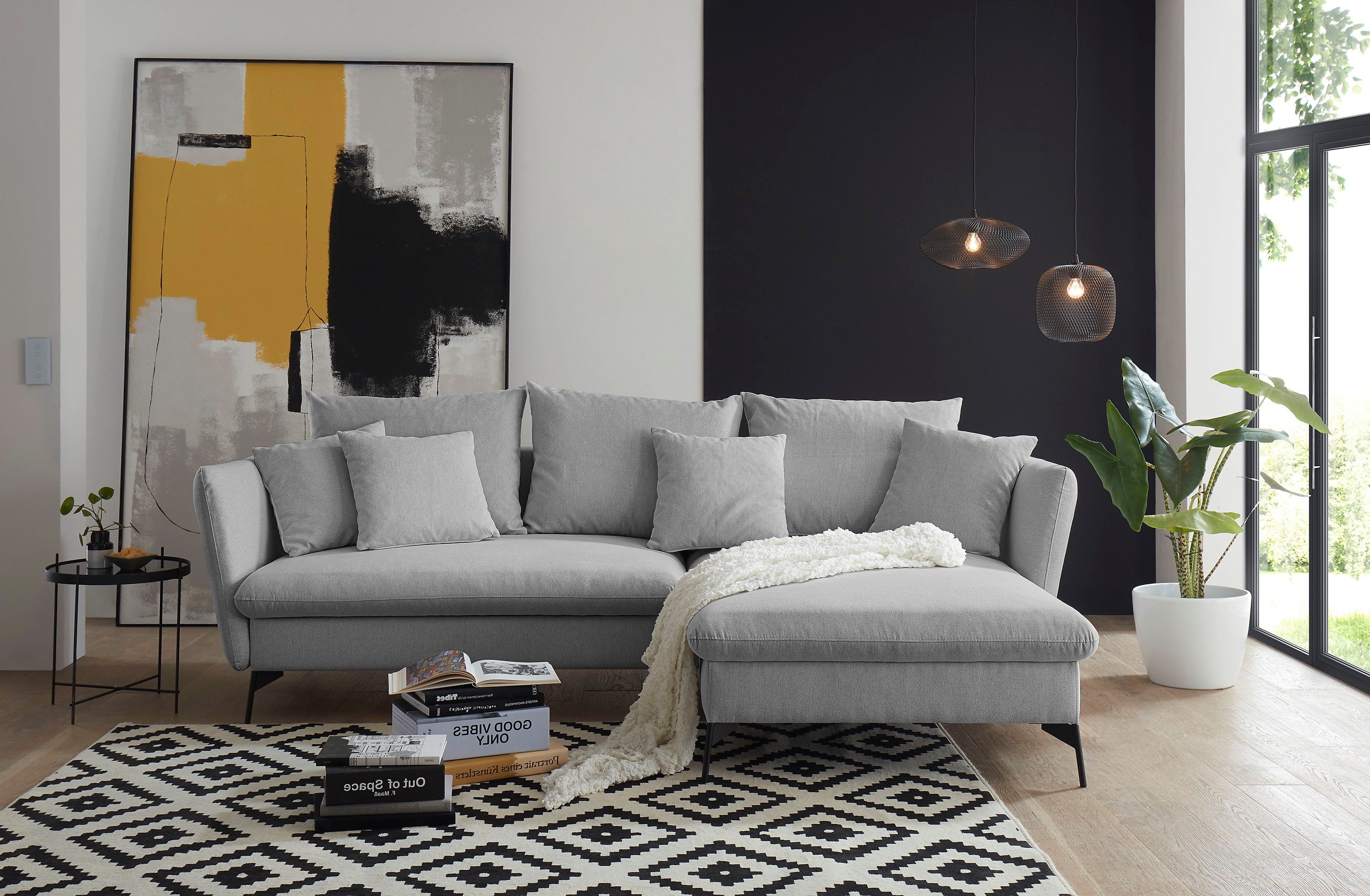 andas Hoekbank LIVORNO,258 cm, L-model, Slaapfunctie en bedlade (139/224 cm), fluweel, structuur, geweven stof