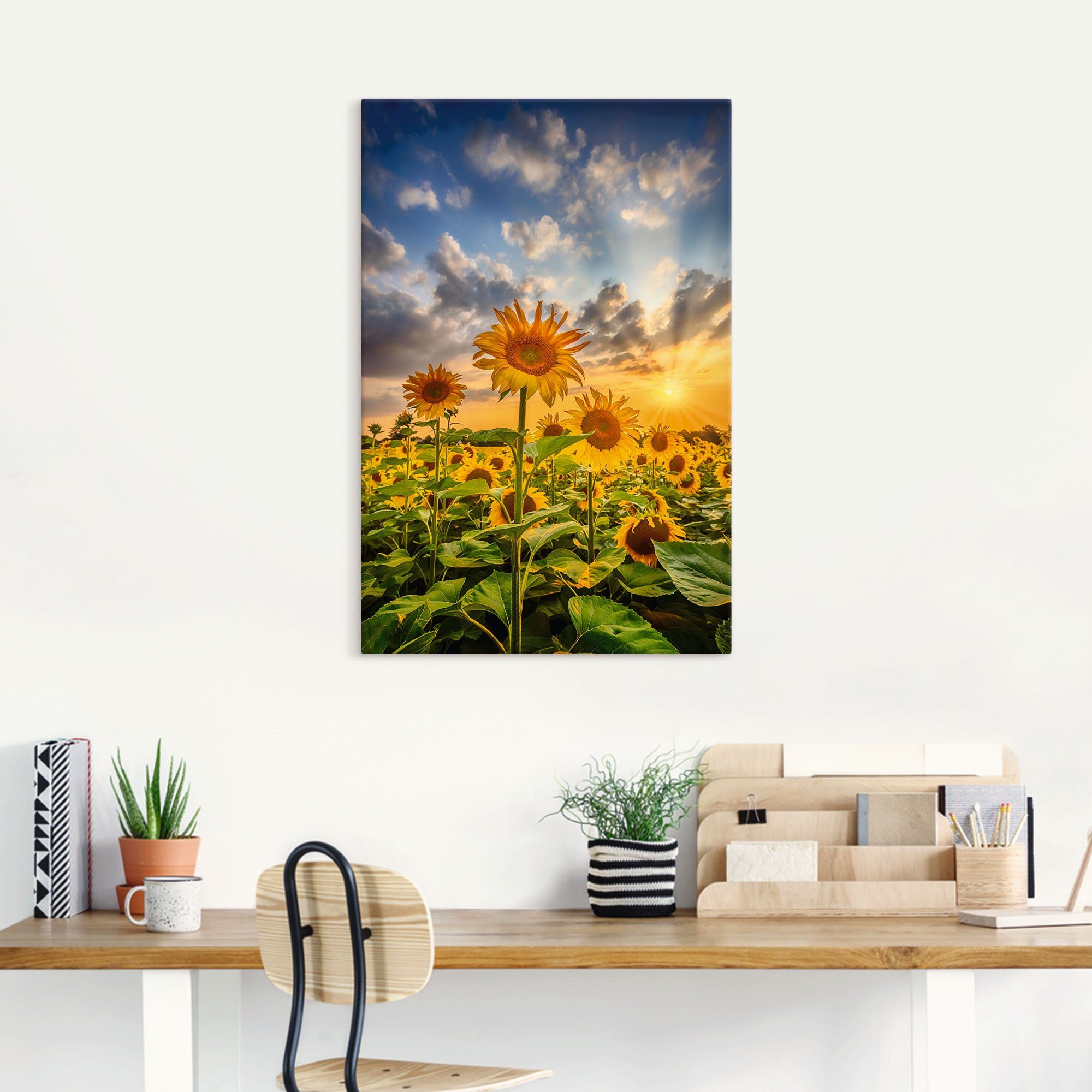 Artland Artprint Zonnebloemen in de zonsondergang als artprint op linnen, poster in verschillende formaten maten