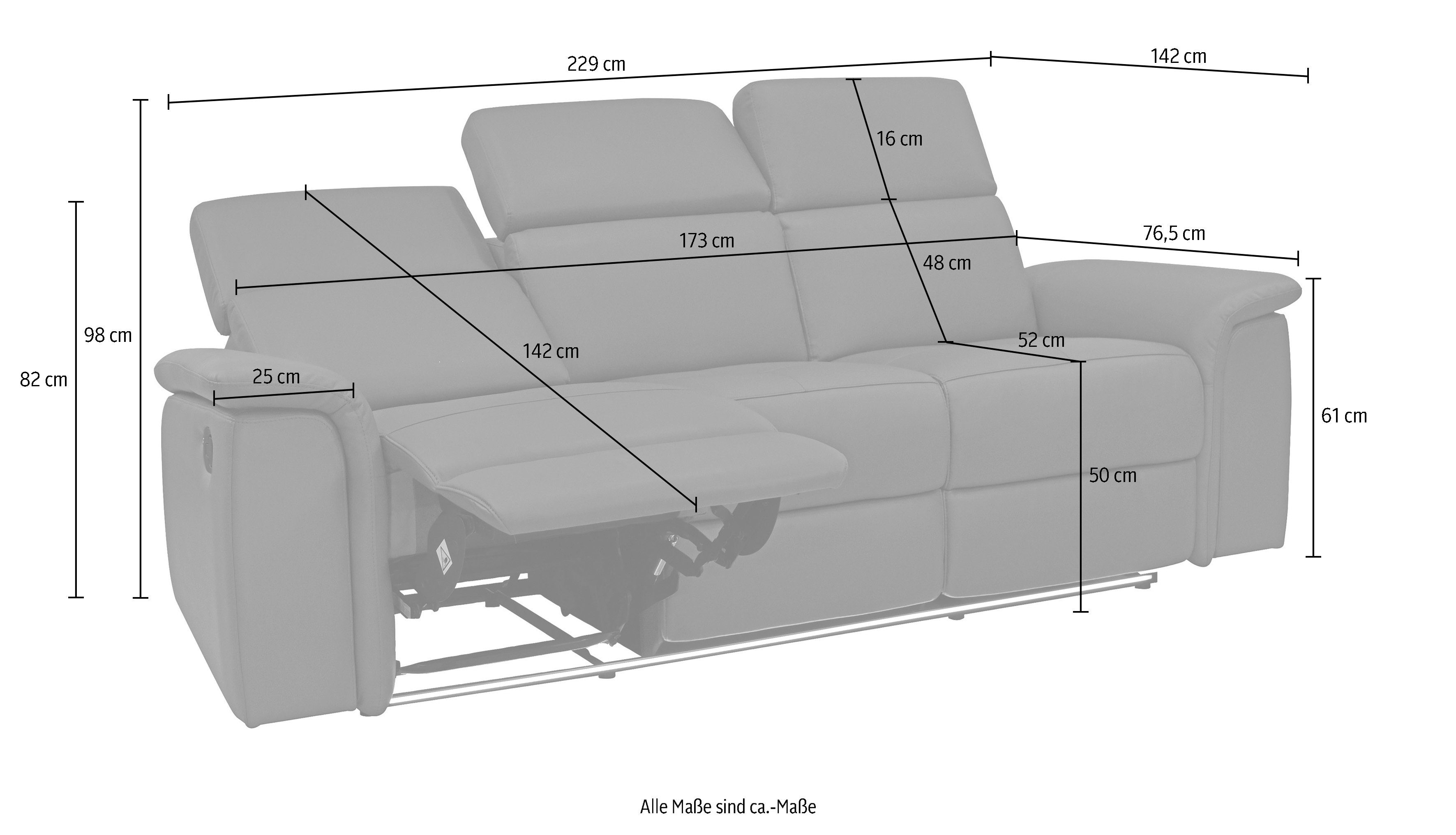 Places of Style 3-zitsbank Pareli 229 cm, handmatige en elektrische relaxfunctie in 2 zits USB, verstelbare hoofdsteun, LED-verlichting, in echt leer, kunstleer, geweven stof